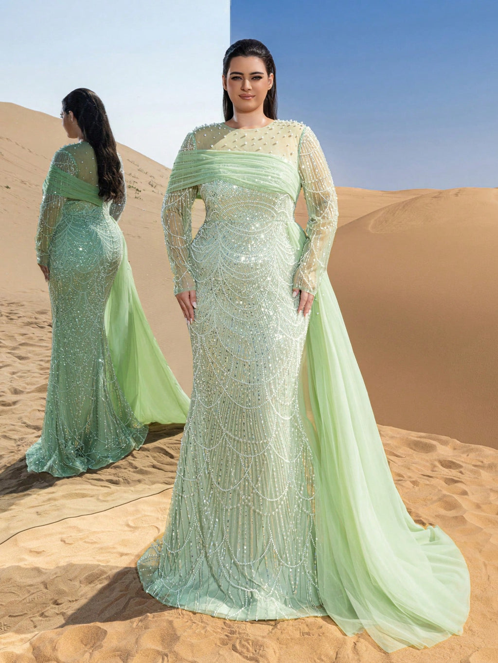 Plus Glittering Beaded Mermaid Evening Gown with Sheer Sleeves