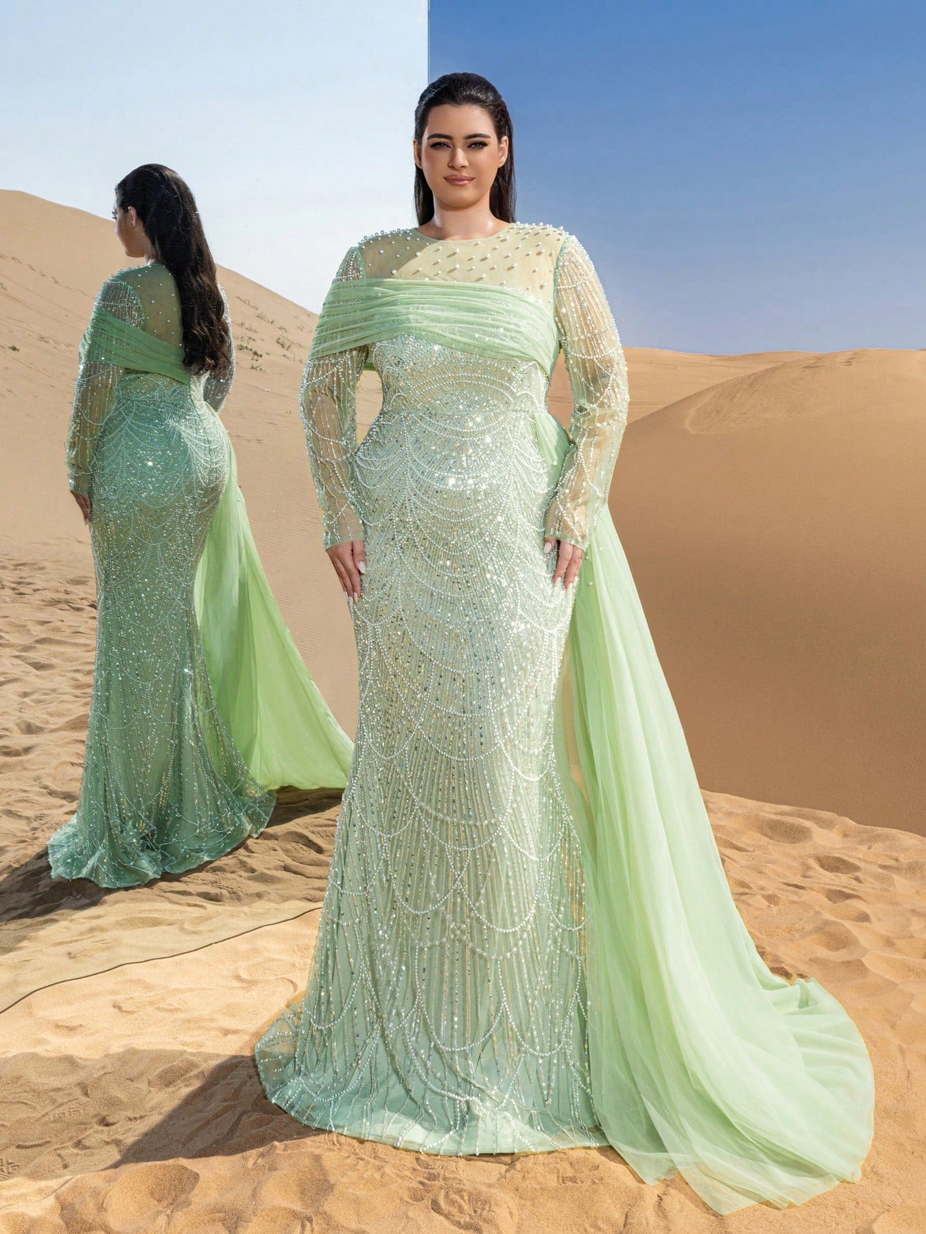 Plus Glittering Beaded Mermaid Evening Gown with Sheer Sleeves
