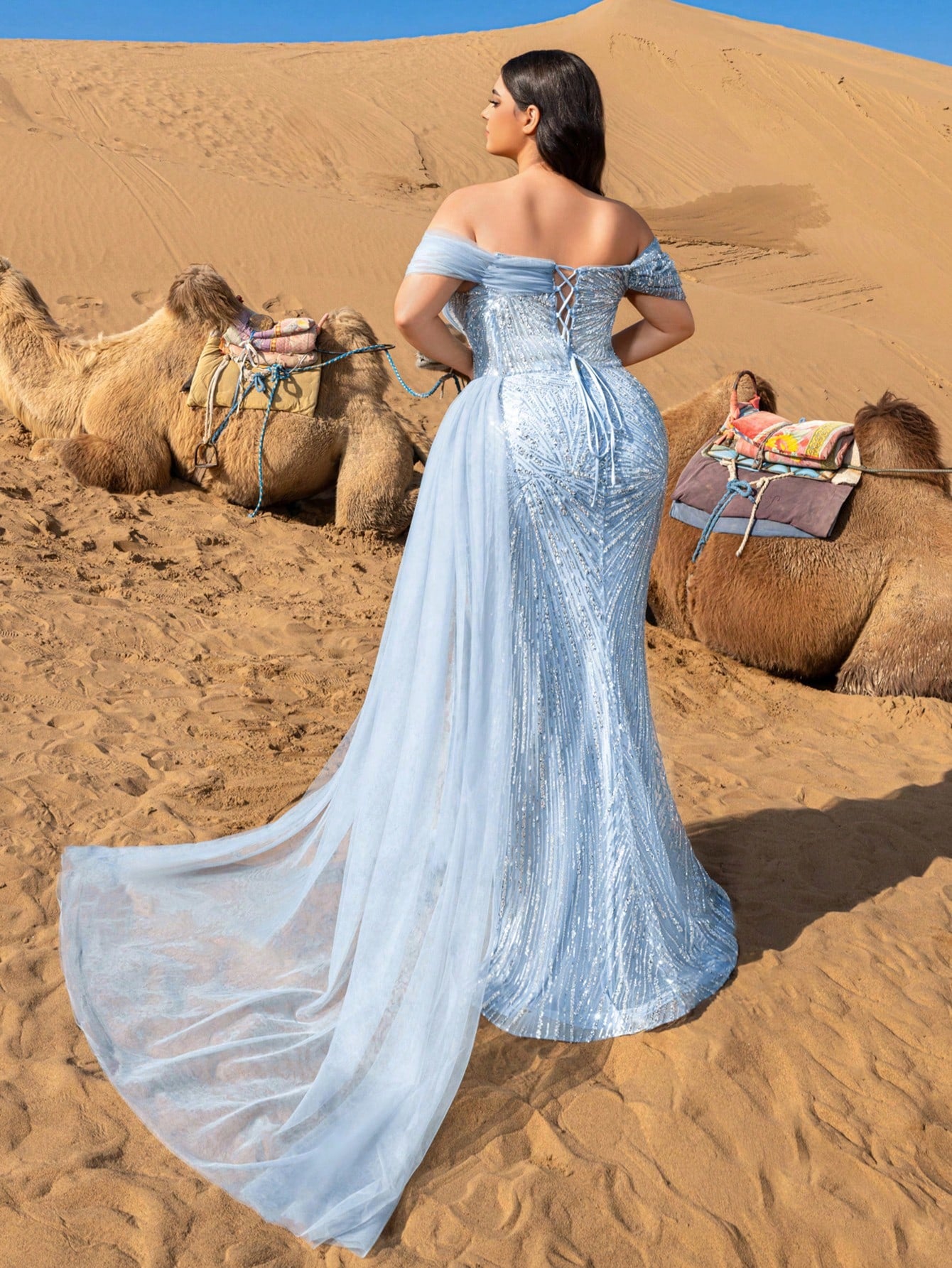 Plus Luxurious Sequined Bead Evening Gown with Off-Shoulder Neckline and Side Slit Design