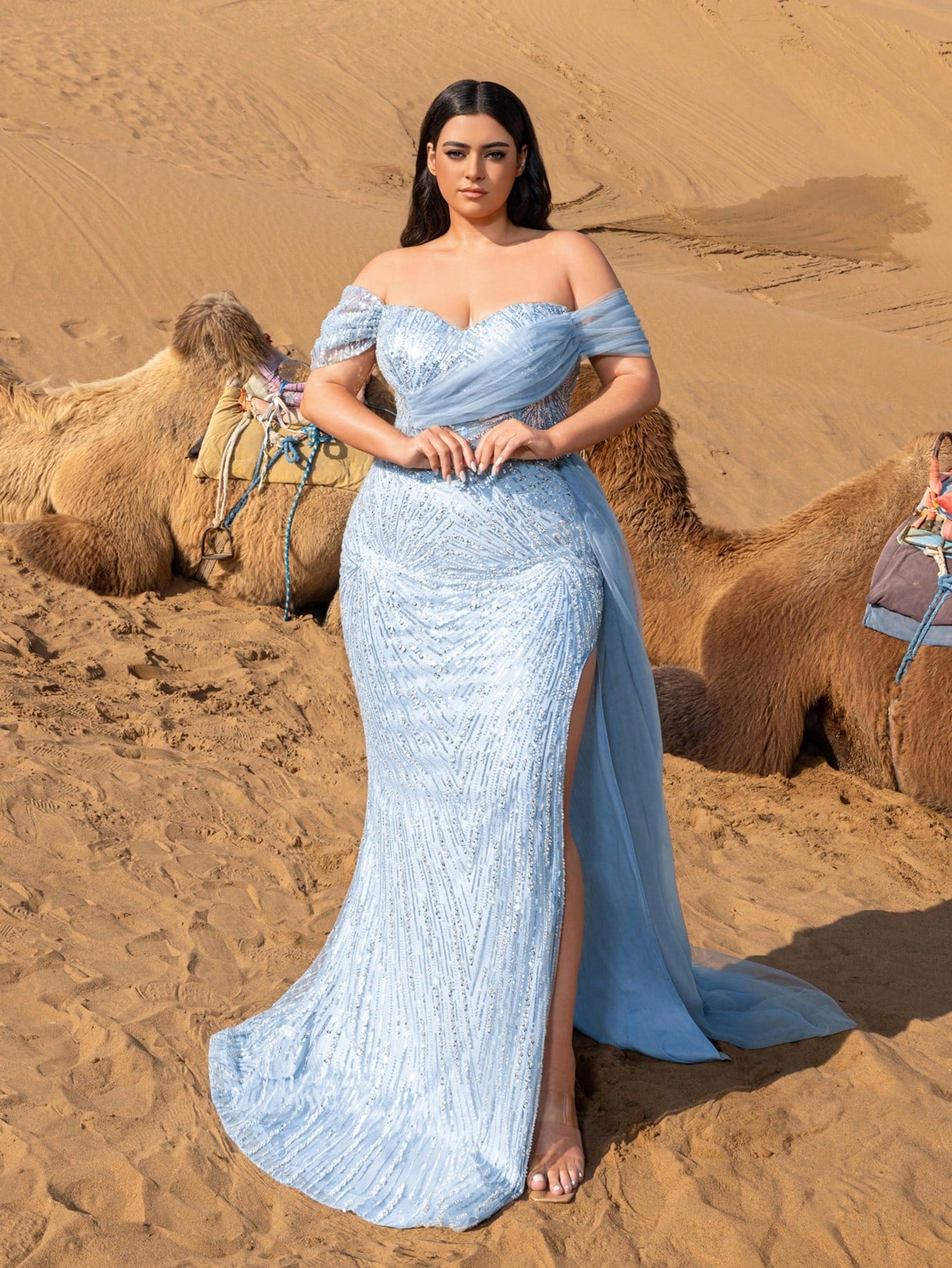 Plus Luxurious Sequined Bead Evening Gown with Off-Shoulder Neckline and Side Slit Design