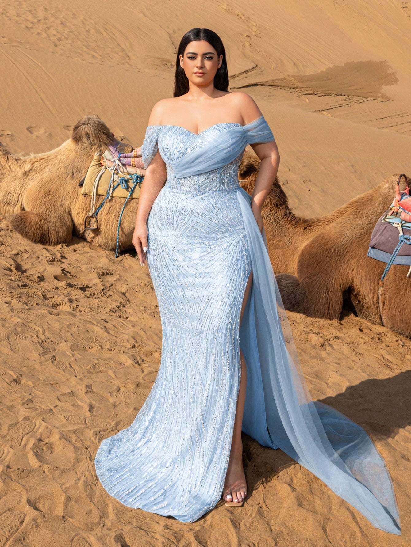 Plus Luxurious Sequined Bead Evening Gown with Off-Shoulder Neckline and Side Slit Design