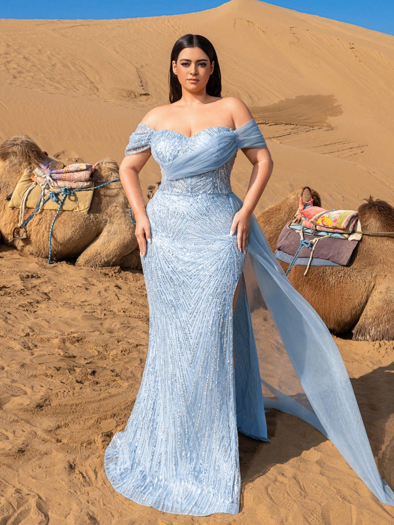 Plus Luxurious Sequined Bead Evening Gown with Off-Shoulder Neckline and Side Slit Design