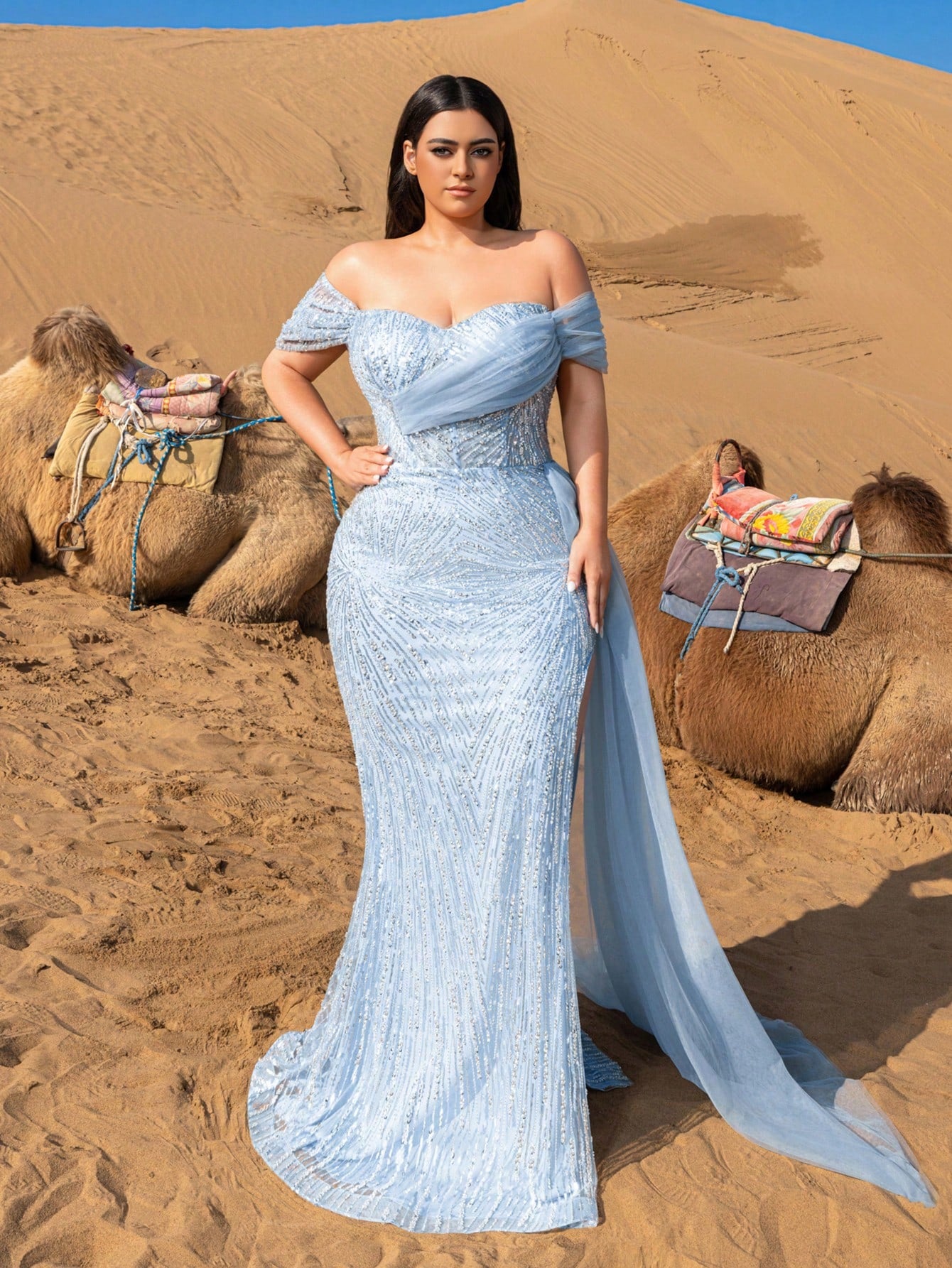 Plus Luxurious Sequined Bead Evening Gown with Off-Shoulder Neckline and Side Slit Design
