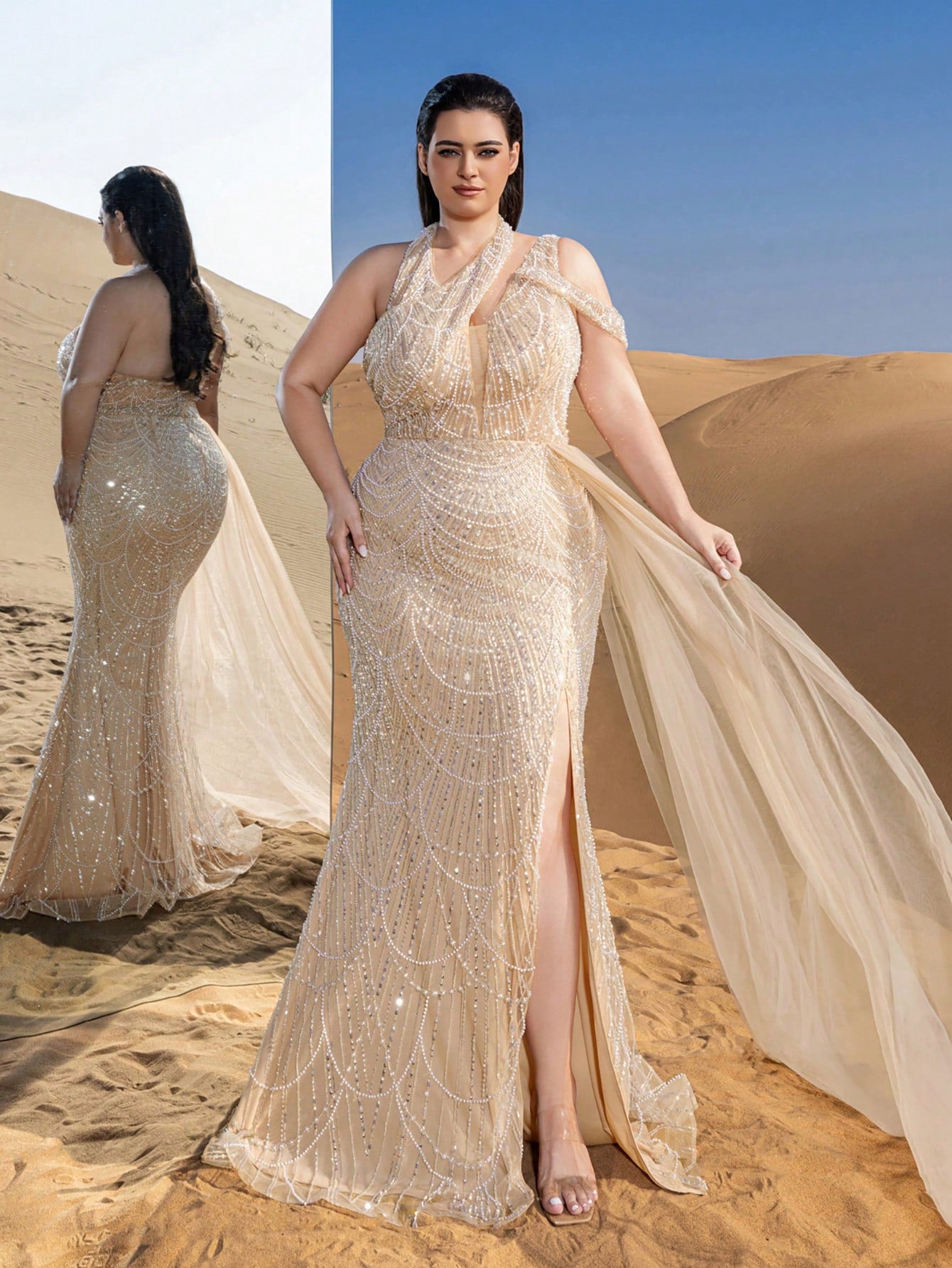 Plus Luxury Asymmetrical Neck Draped Side Beaded Formal Party Dresses & Evening Gowns Dress & Embellished Dress