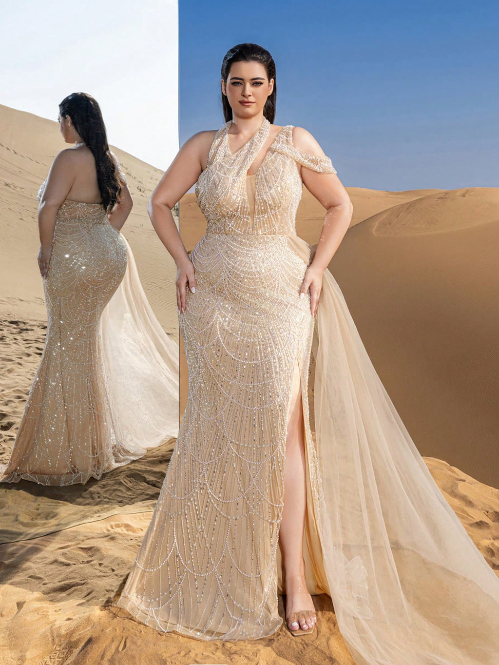 Plus Luxury Asymmetrical Neck Draped Side Beaded Formal Party Dresses & Evening Gowns Dress & Embellished Dress