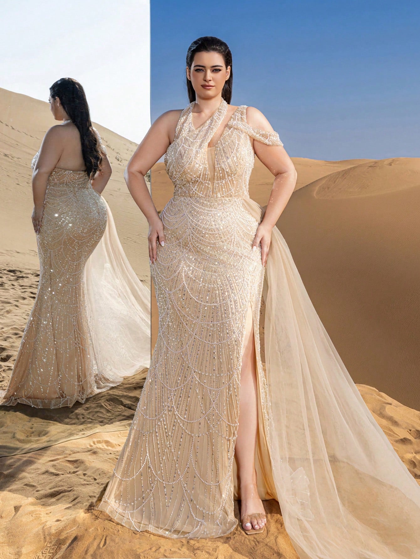 Plus Luxury Asymmetrical Neck Draped Side Beaded Formal Party Dresses & Evening Gowns Dress & Embellished Dress