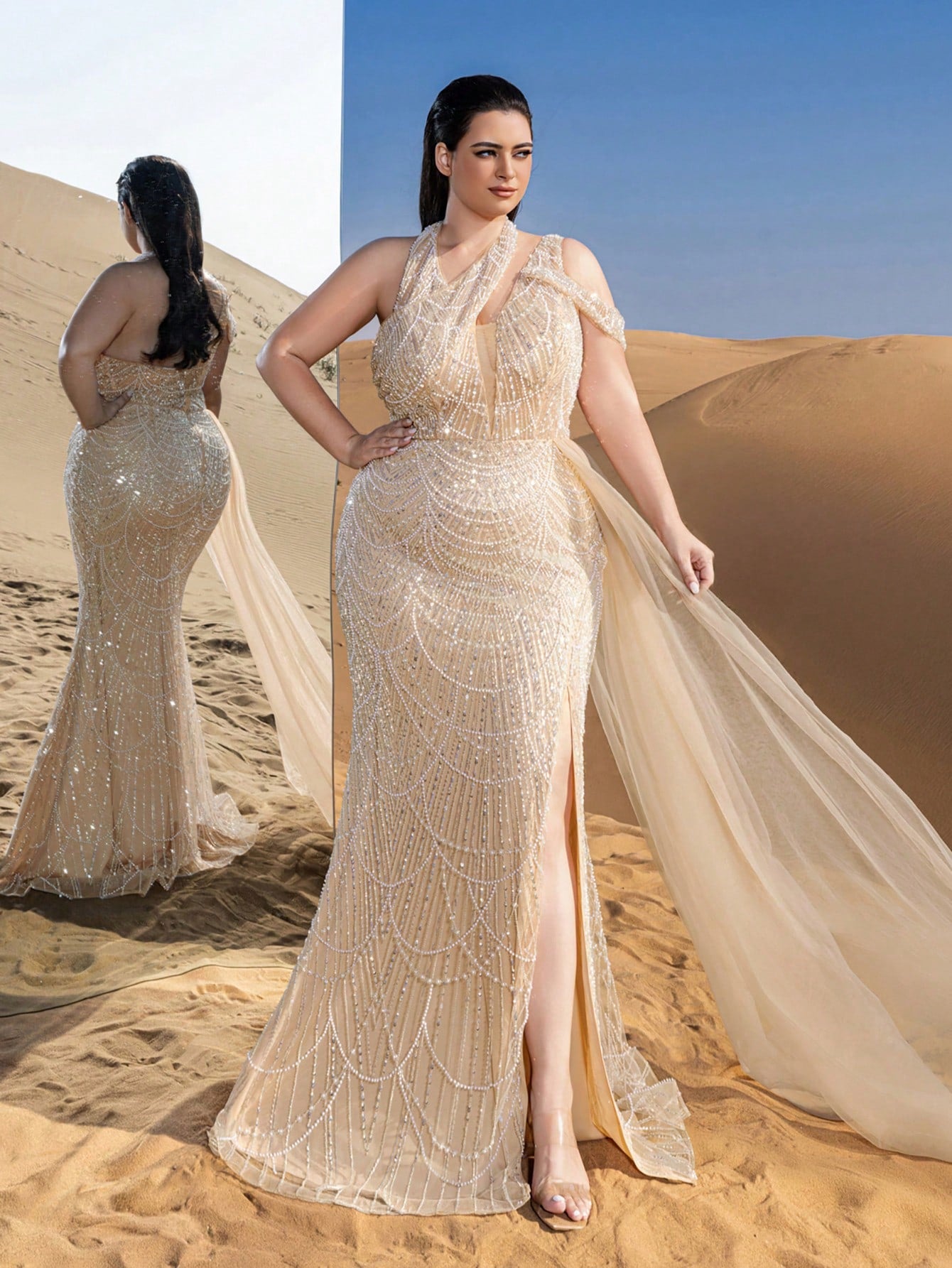 Plus Luxury Asymmetrical Neck Draped Side Beaded Formal Party Dresses & Evening Gowns Dress & Embellished Dress