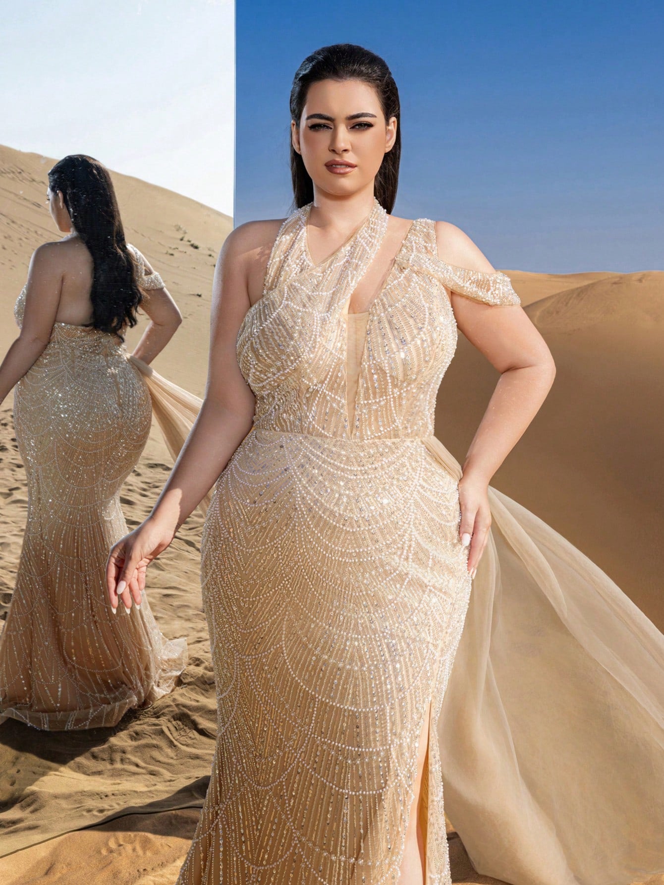 Plus Luxury Asymmetrical Neck Draped Side Beaded Formal Party Dresses & Evening Gowns Dress & Embellished Dress