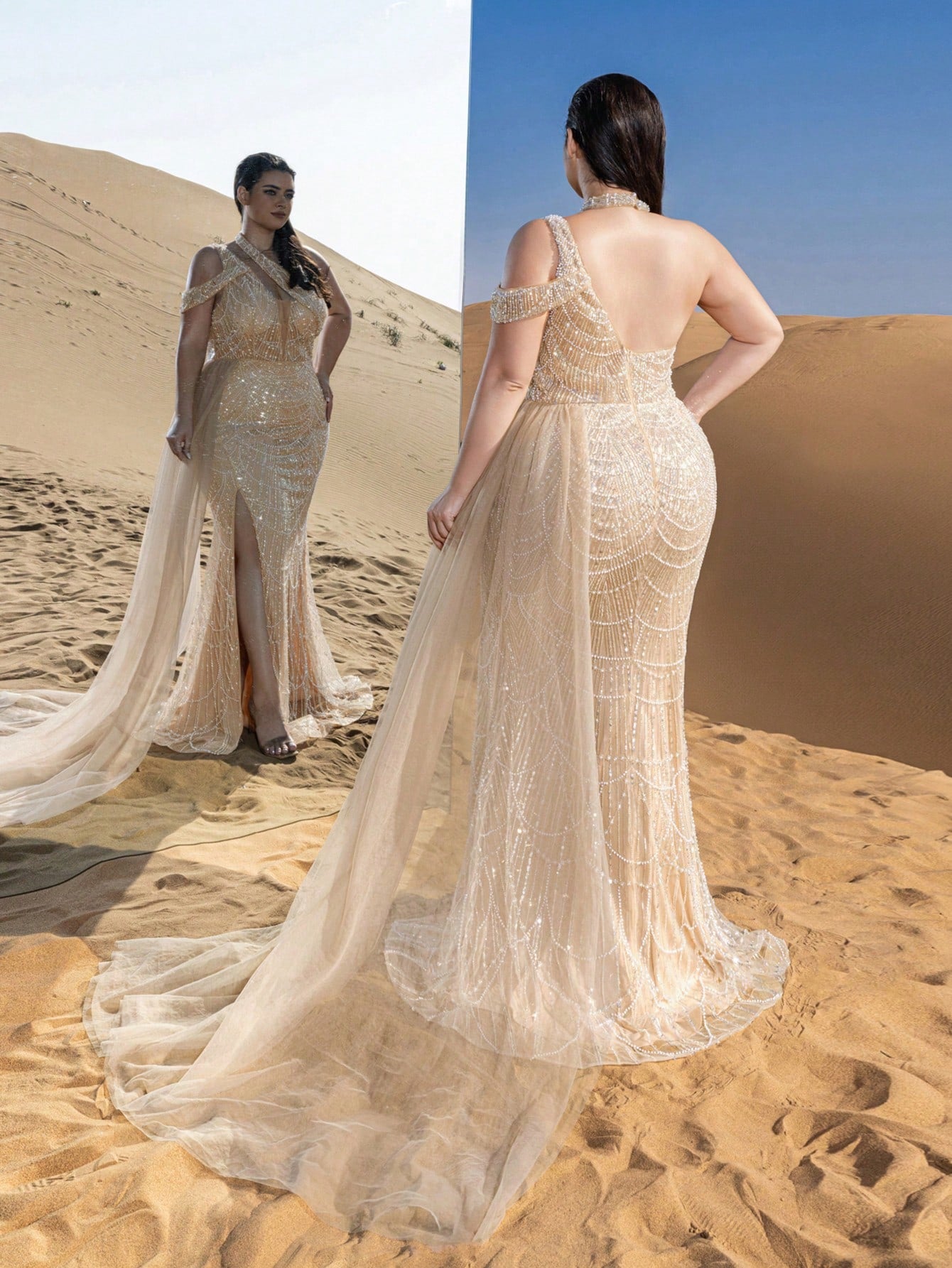 Plus Luxury Asymmetrical Neck Draped Side Beaded Formal Party Dresses & Evening Gowns Dress & Embellished Dress