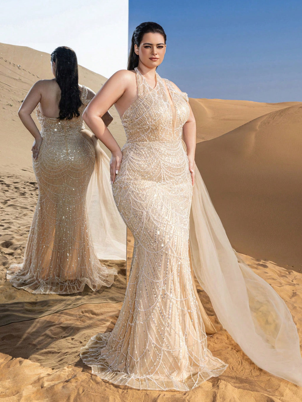 Plus Luxury Asymmetrical Neck Draped Side Beaded Formal Party Dresses & Evening Gowns Dress & Embellished Dress