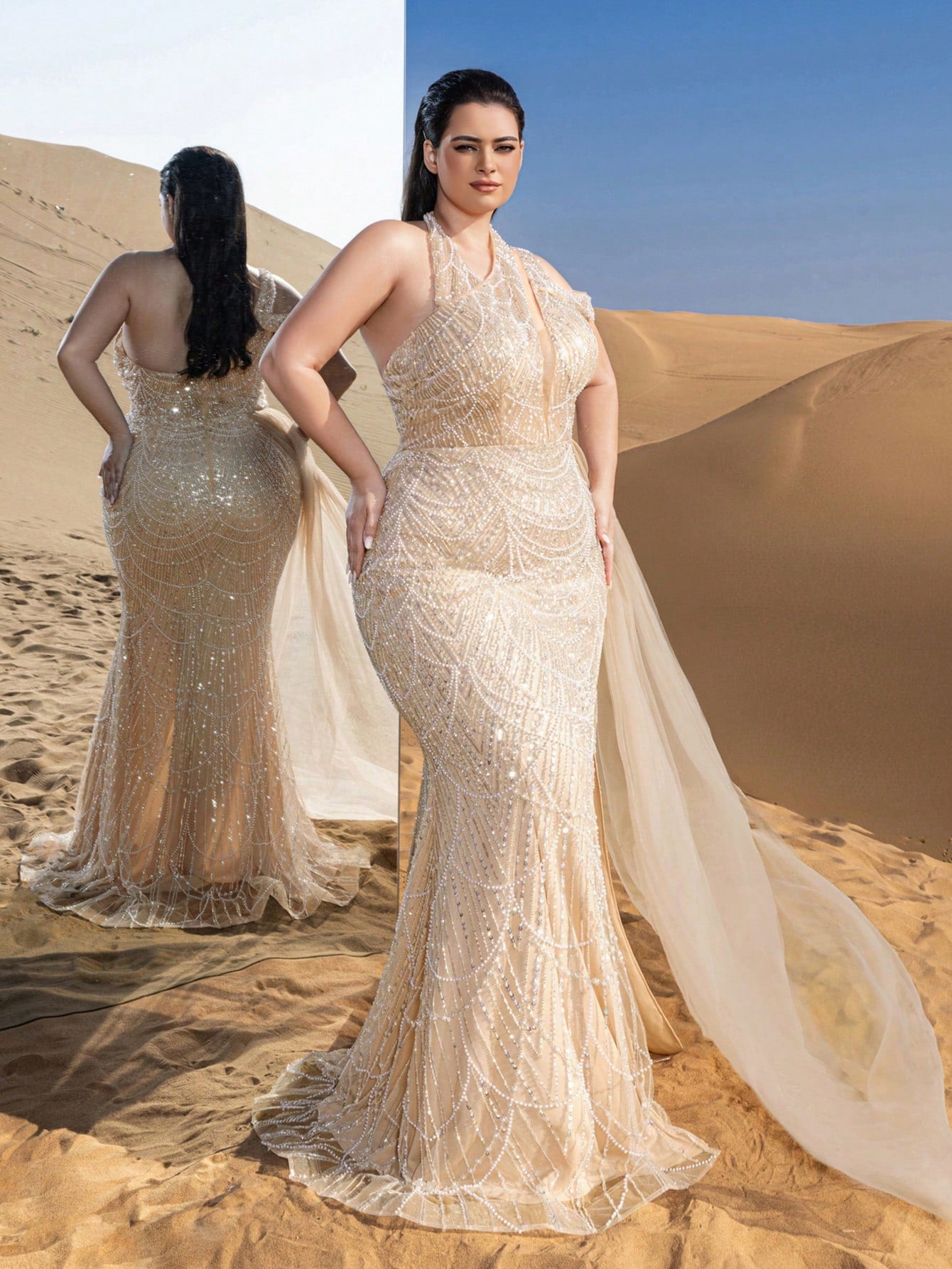 Plus Luxury Asymmetrical Neck Draped Side Beaded Formal Party Dresses & Evening Gowns Dress & Embellished Dress