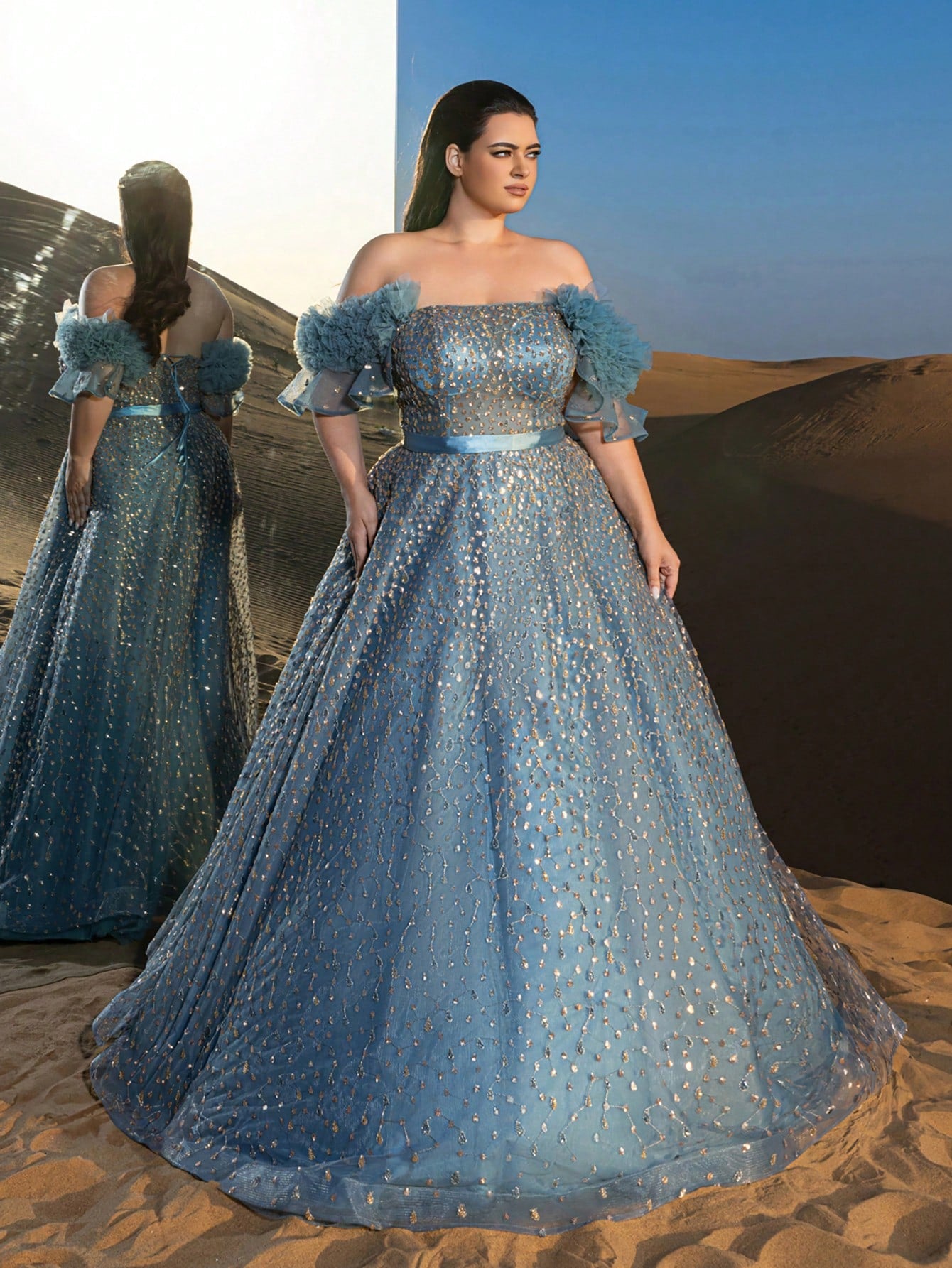 Plus Gorgeous Off Shoulder Lace-up Back Beaded Formal Dresses & Evening Gowns