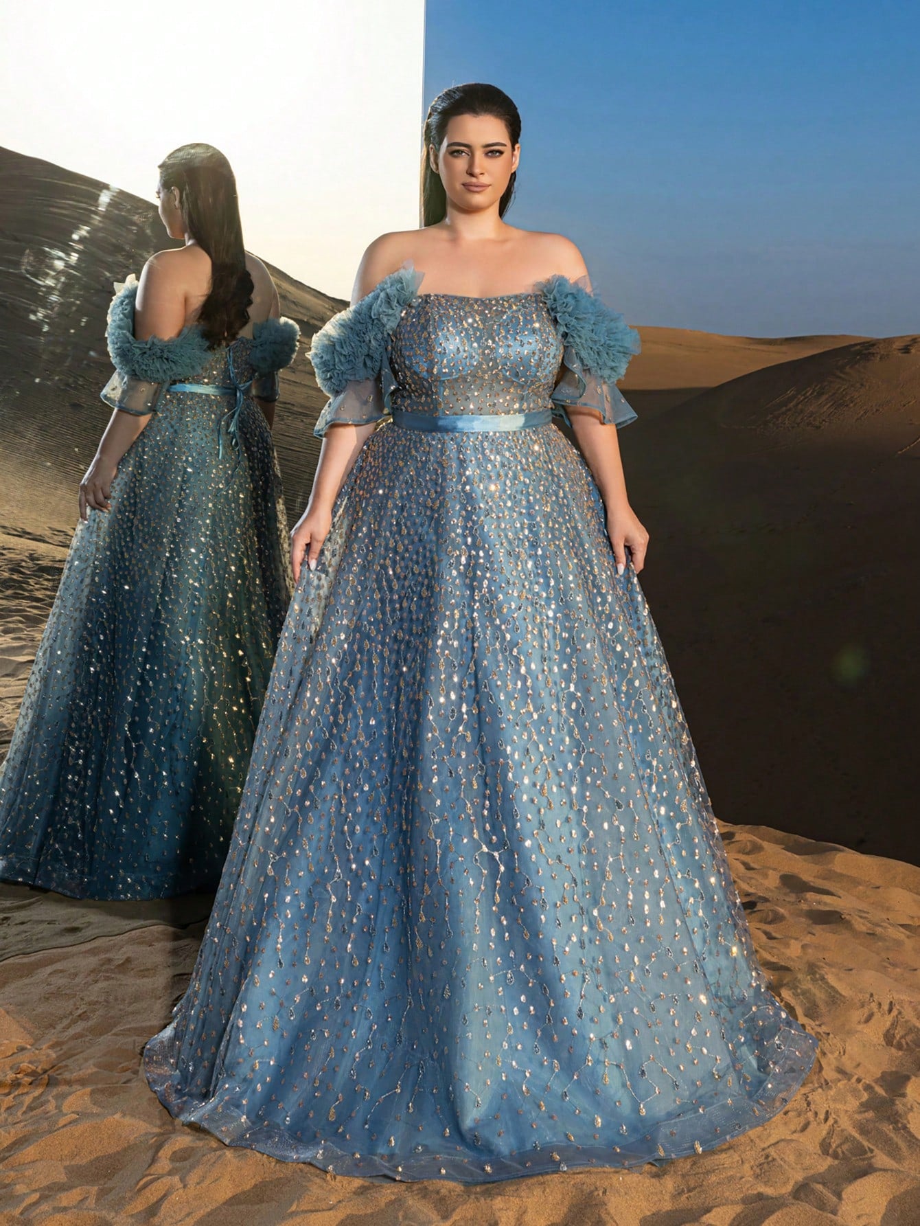 Plus Gorgeous Off Shoulder Lace-up Back Beaded Formal Dresses & Evening Gowns