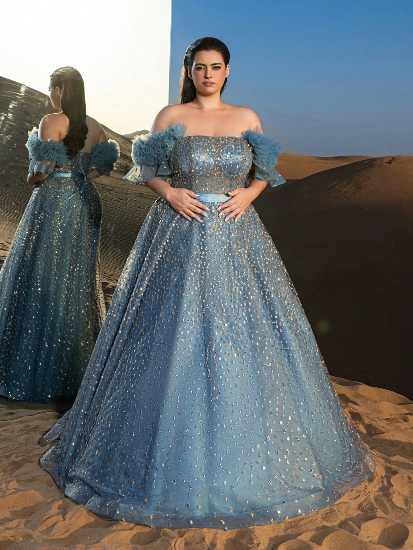 Plus Gorgeous Off Shoulder Lace-up Back Beaded Formal Dresses & Evening Gowns