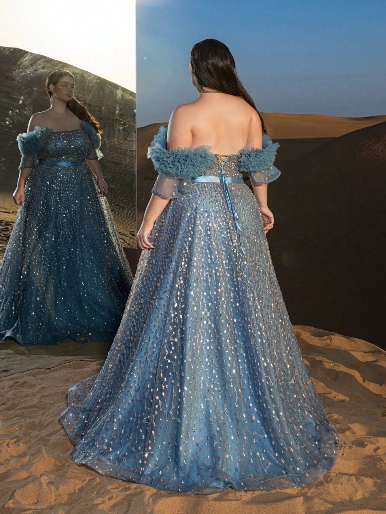 Plus Gorgeous Off Shoulder Lace-up Back Beaded Formal Dresses & Evening Gowns