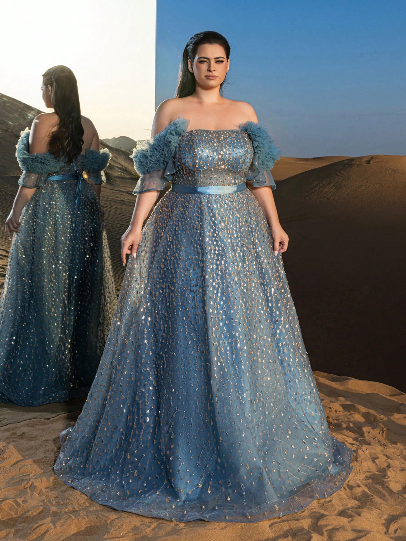 Plus Gorgeous Off Shoulder Lace-up Back Beaded Formal Dresses & Evening Gowns