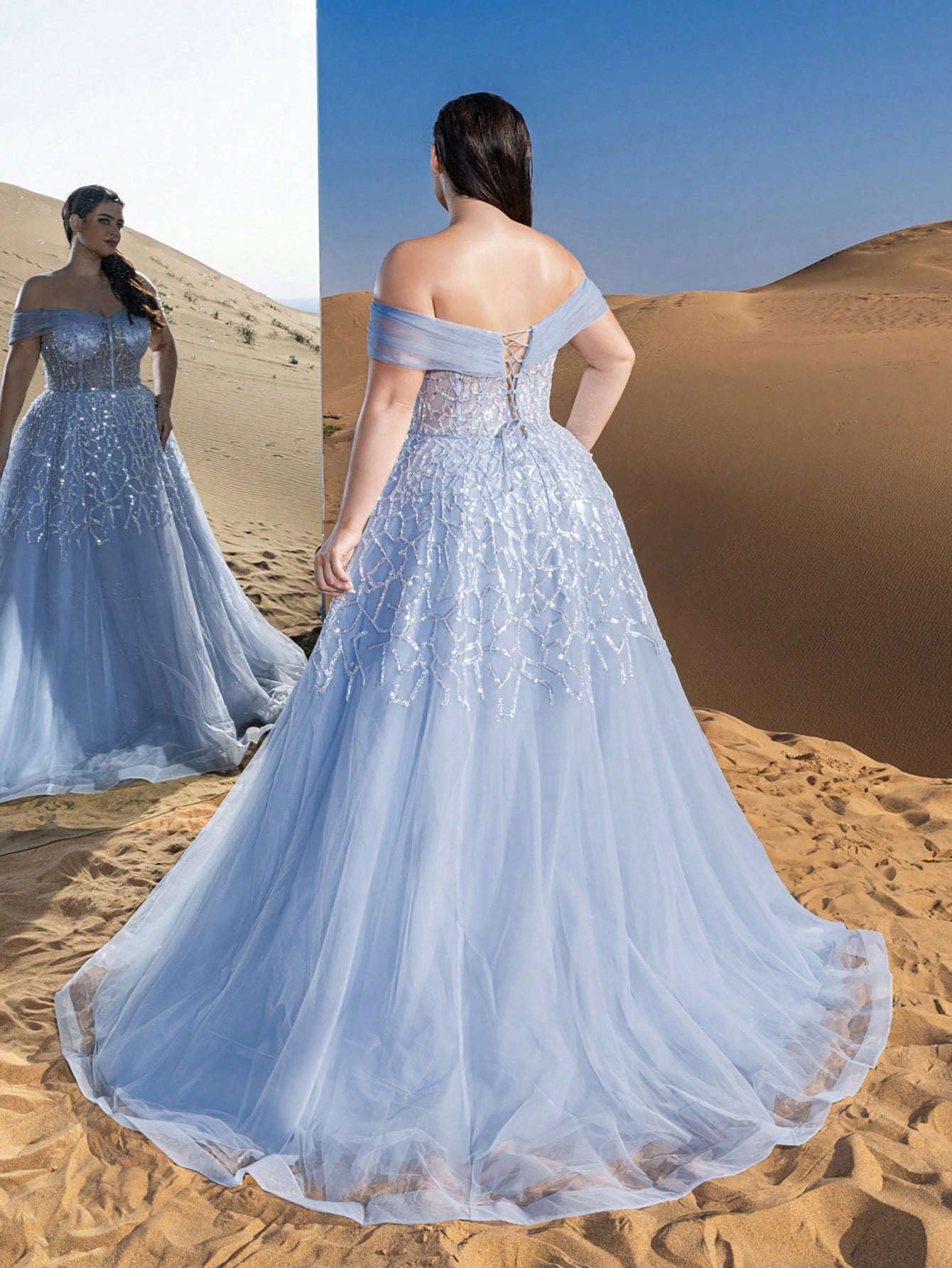 Plus Gorgeous Luxury Off Shoulder Back Thread The Rope Mesh Overlay Beaded Gowns Formal Dresses & Evening Gowns