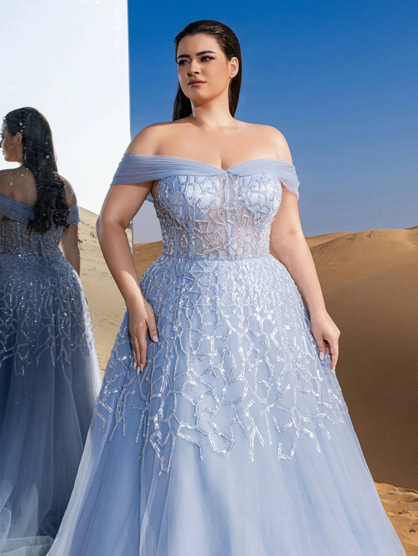 Plus Gorgeous Luxury Off Shoulder Back Thread The Rope Mesh Overlay Beaded Gowns Formal Dresses & Evening Gowns