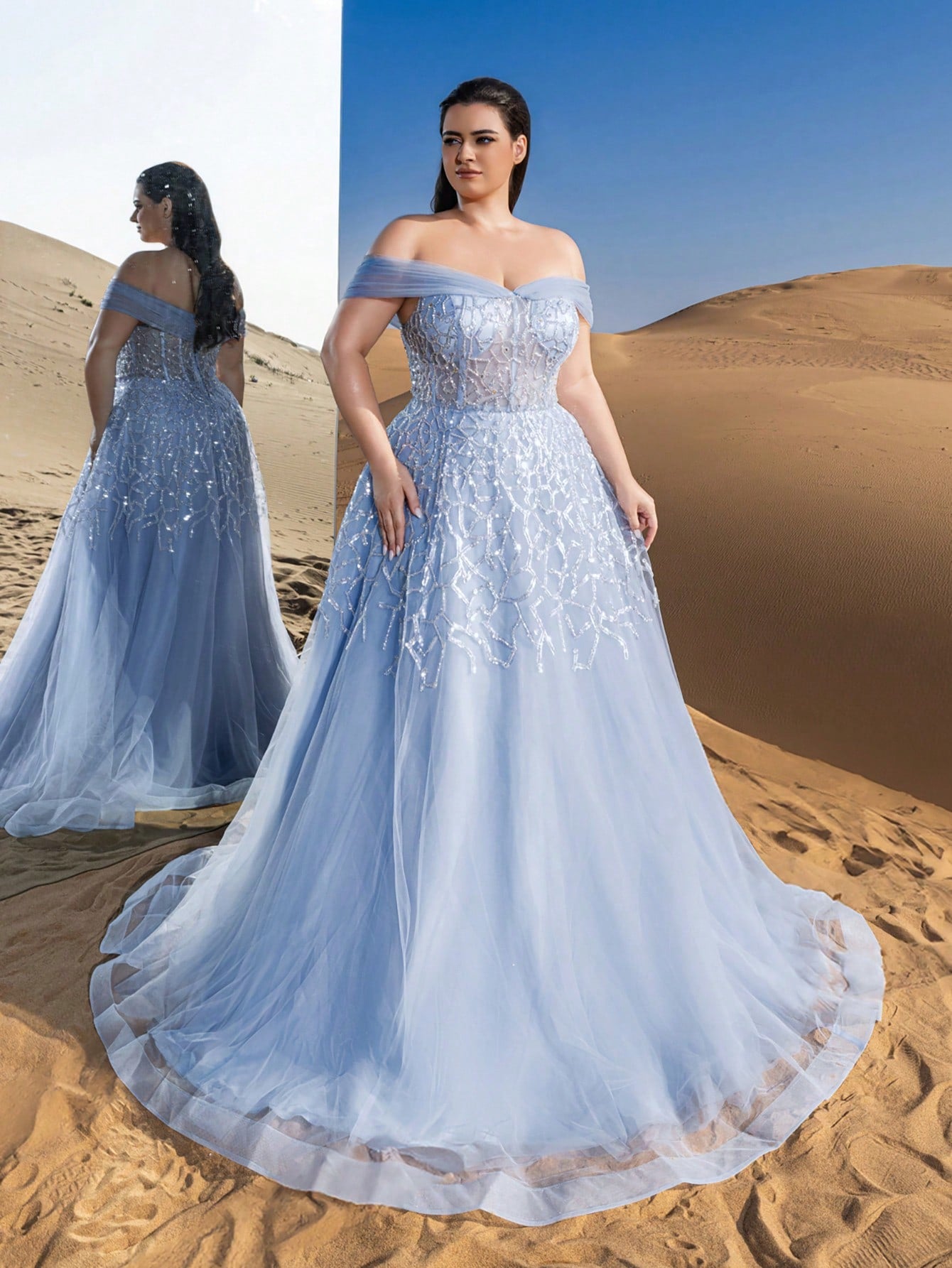 Plus Gorgeous Luxury Off Shoulder Back Thread The Rope Mesh Overlay Beaded Gowns Formal Dresses & Evening Gowns