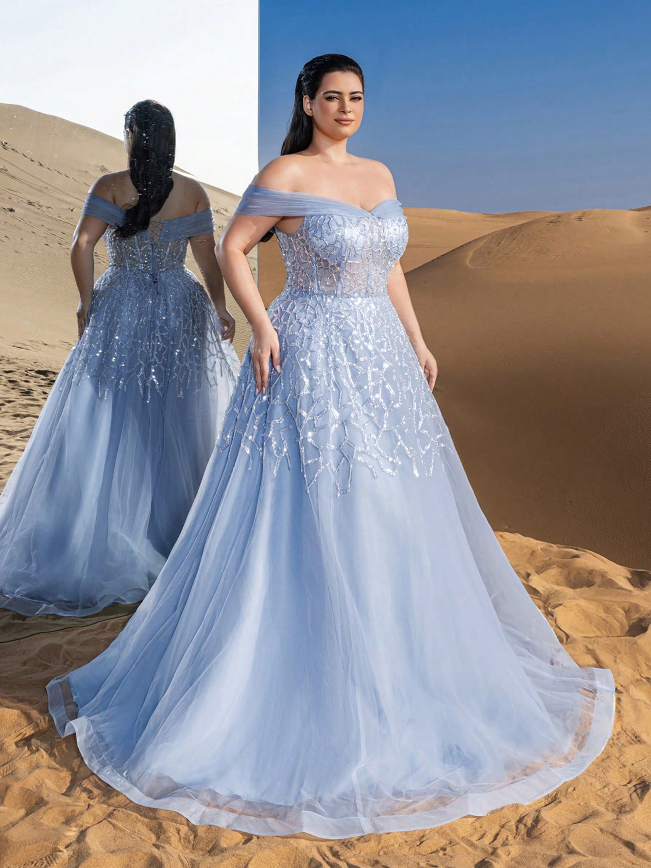 Plus Gorgeous Luxury Off Shoulder Back Thread The Rope Mesh Overlay Beaded Gowns Formal Dresses & Evening Gowns