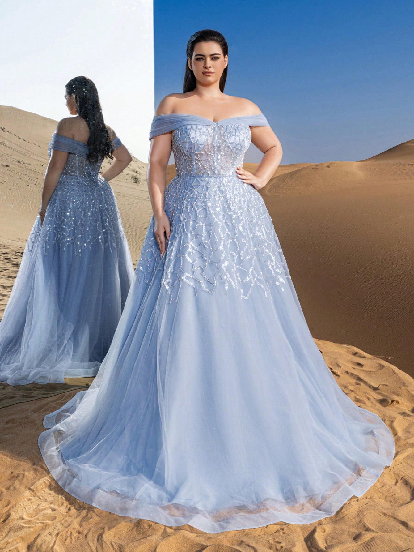 Plus Gorgeous Luxury Off Shoulder Back Thread The Rope Mesh Overlay Beaded Gowns Formal Dresses & Evening Gowns