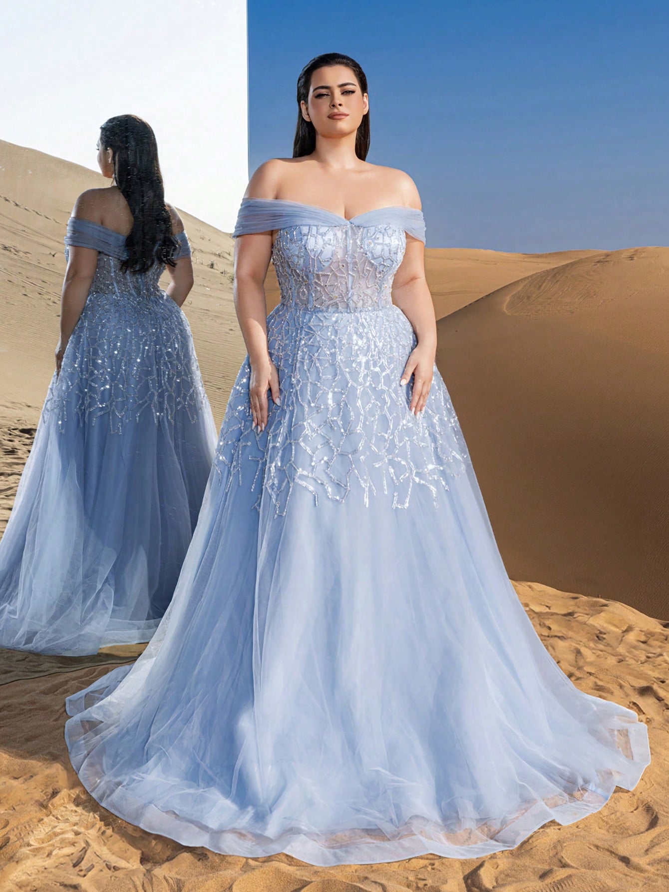 Plus Gorgeous Luxury Off Shoulder Back Thread The Rope Mesh Overlay Beaded Gowns Formal Dresses & Evening Gowns