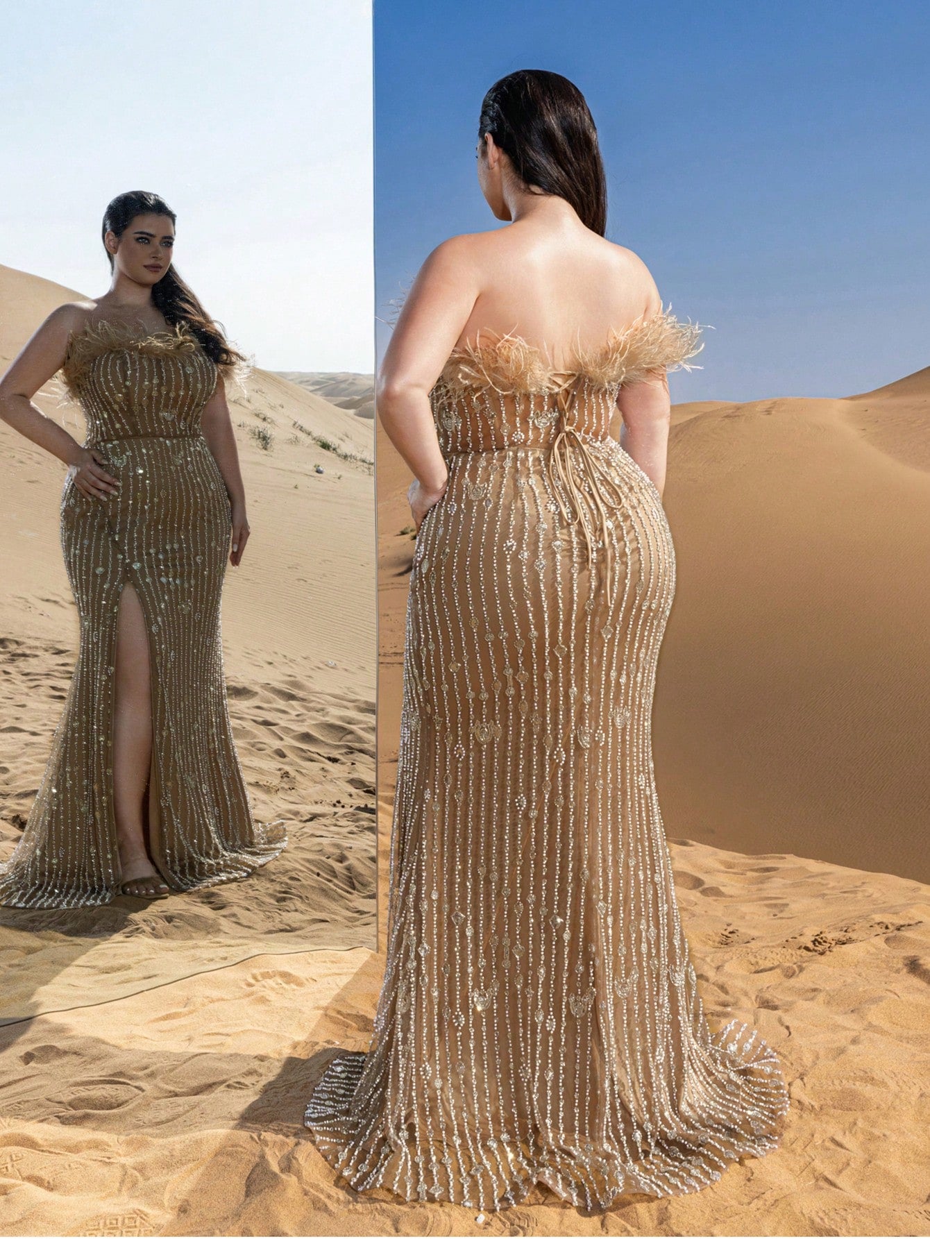 Plus Feather Detail Mermaid Hem Beaded Sequin Evening Dress