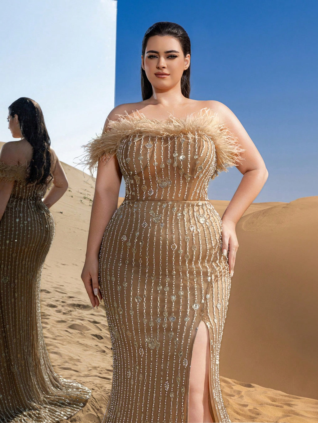 Plus Feather Detail Mermaid Hem Beaded Sequin Evening Dress