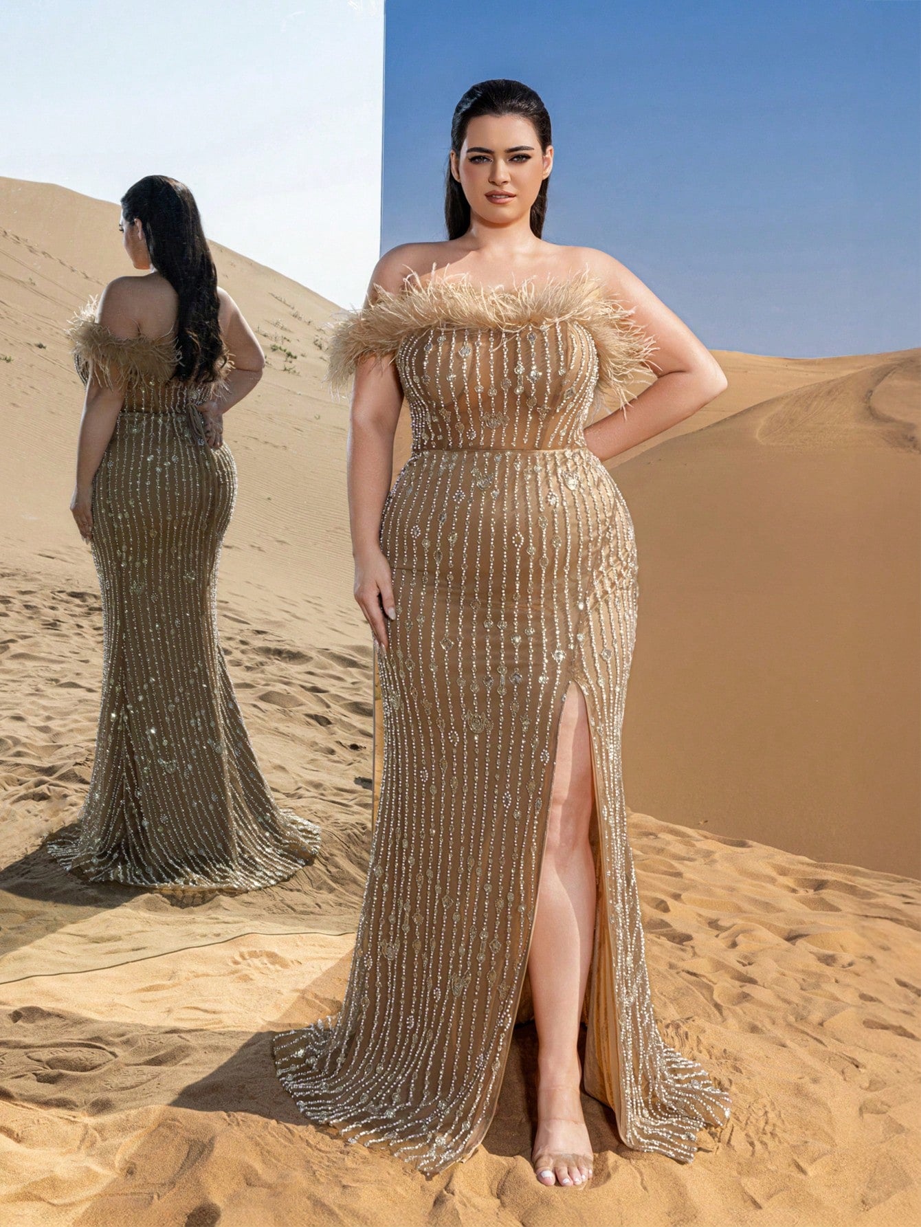 Plus Feather Detail Mermaid Hem Beaded Sequin Evening Dress