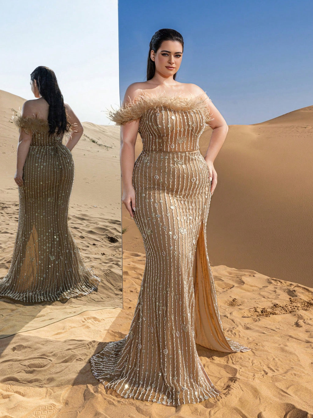 Plus Feather Detail Mermaid Hem Beaded Sequin Evening Dress