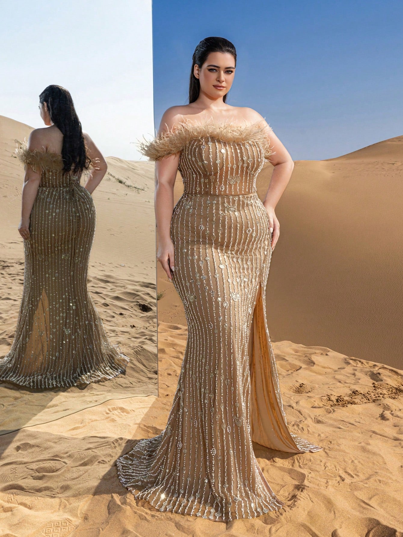Plus Feather Detail Mermaid Hem Beaded Sequin Evening Dress
