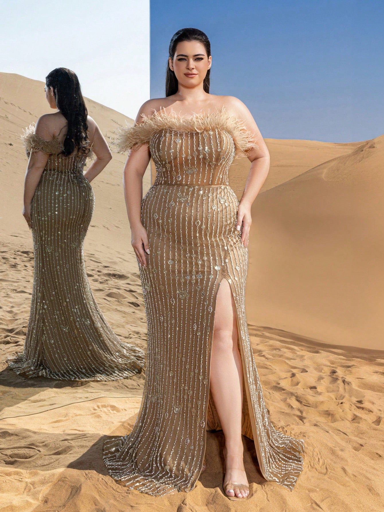 Plus Feather Detail Mermaid Hem Beaded Sequin Evening Dress