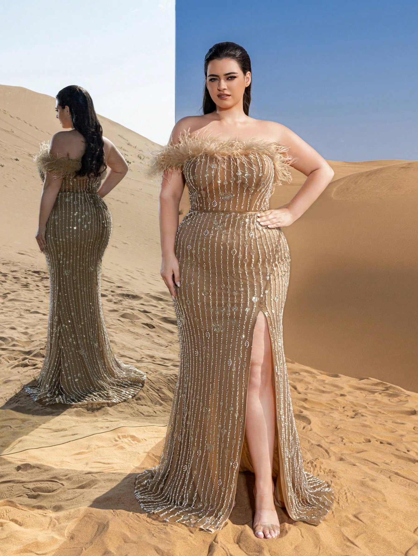 Plus Feather Detail Mermaid Hem Beaded Sequin Evening Dress