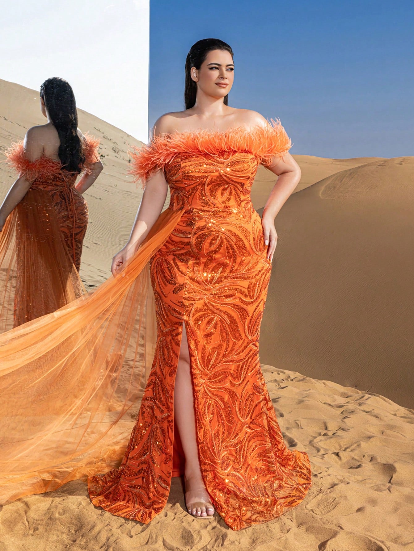 Plus Gorgeous Feather Trim Off Shoulder Sheer Overlay Beaded Formal Dresses & Evening Gowns