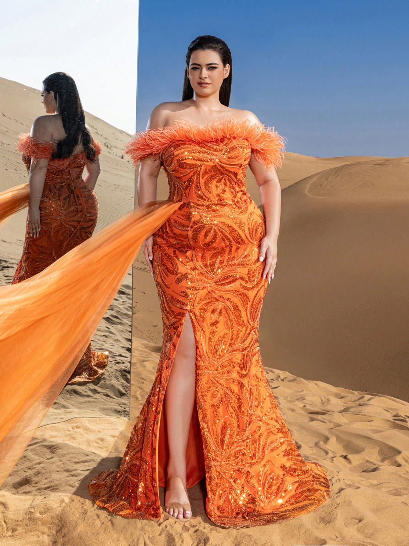Plus Gorgeous Feather Trim Off Shoulder Sheer Overlay Beaded Formal Dresses & Evening Gowns