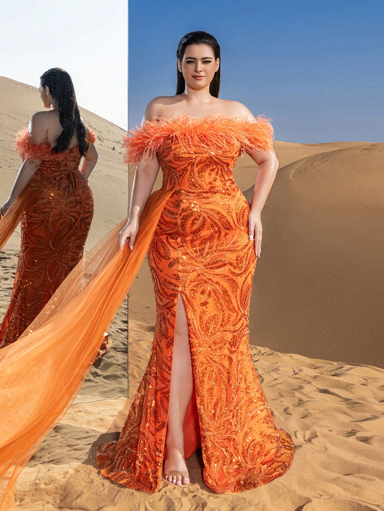 Plus Gorgeous Feather Trim Off Shoulder Sheer Overlay Beaded Formal Dresses & Evening Gowns