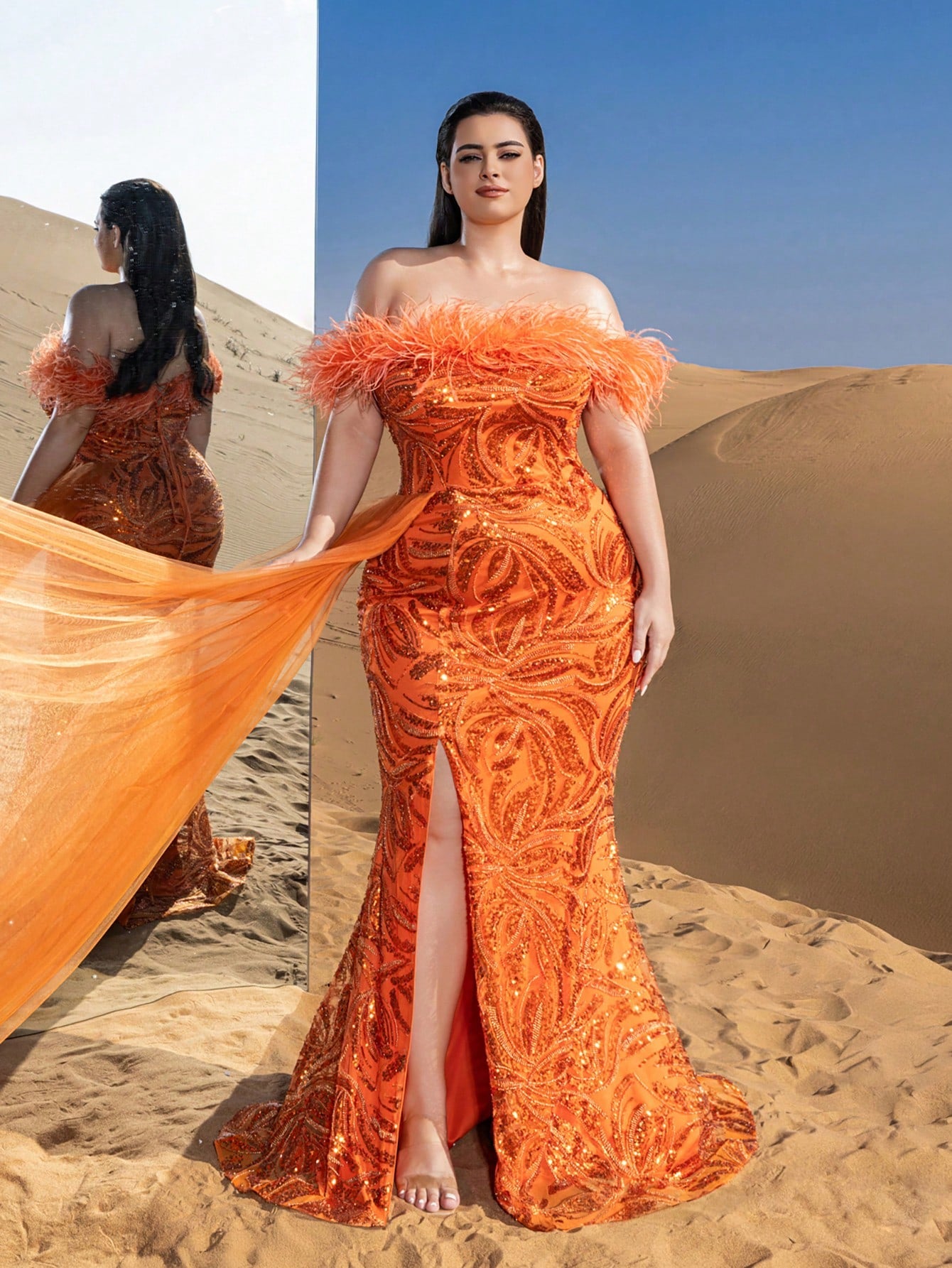 Plus Gorgeous Feather Trim Off Shoulder Sheer Overlay Beaded Formal Dresses & Evening Gowns