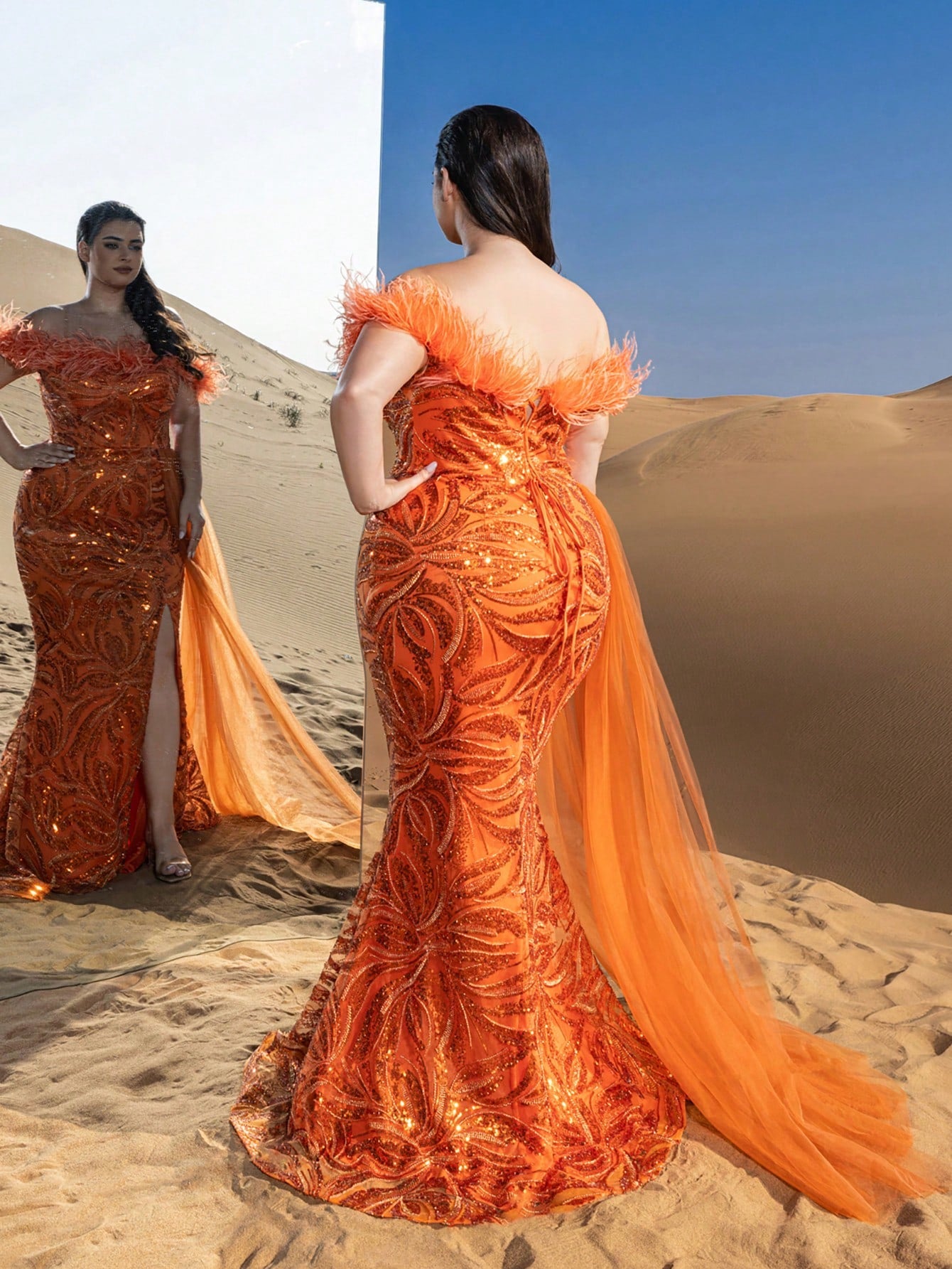 Plus Gorgeous Feather Trim Off Shoulder Sheer Overlay Beaded Formal Dresses & Evening Gowns