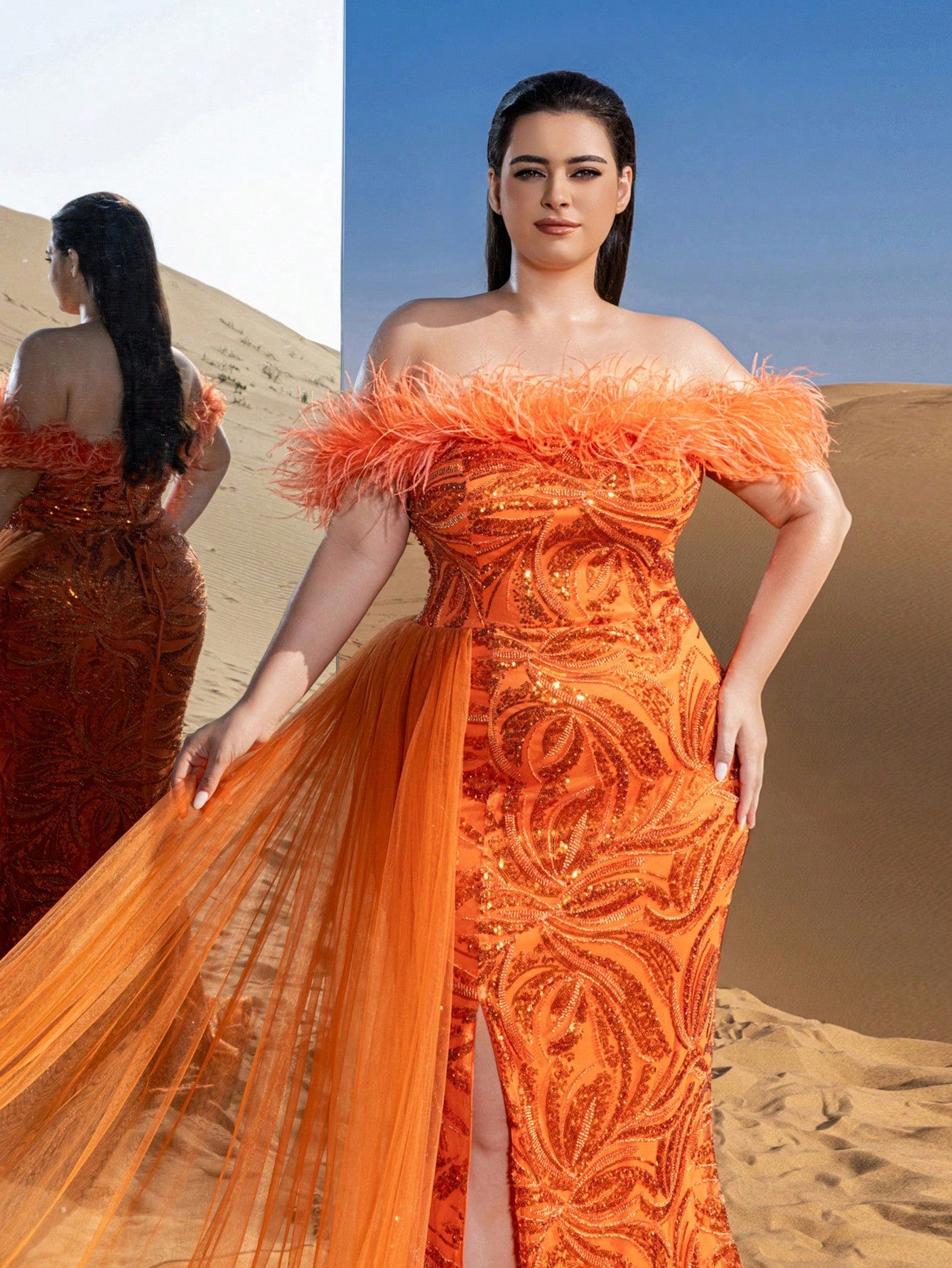 Plus Gorgeous Feather Trim Off Shoulder Sheer Overlay Beaded Formal Dresses & Evening Gowns
