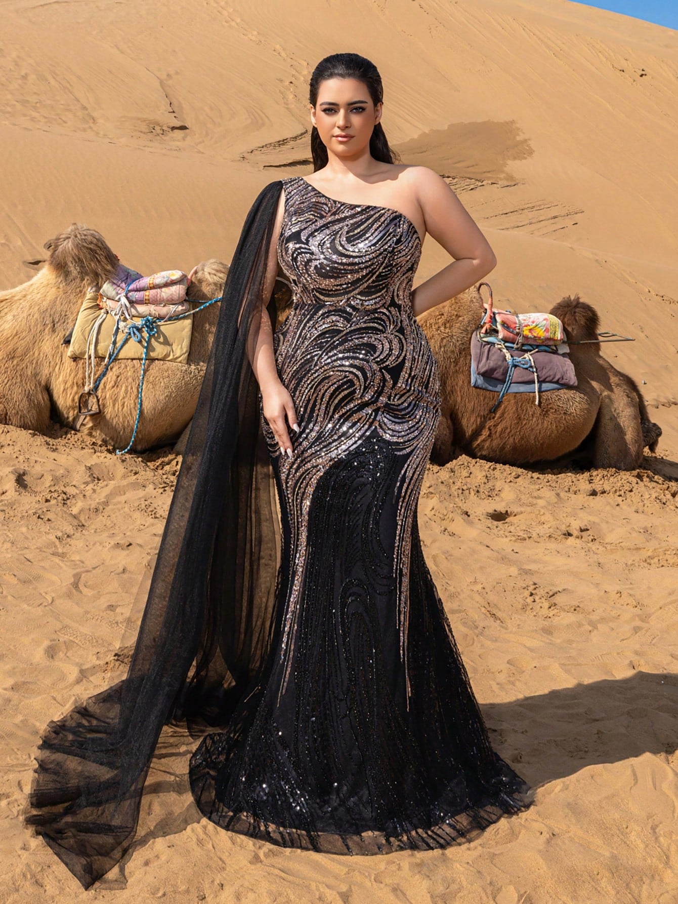 Plus Gorgeous One Shoulder Sheer Cloak Sleeve Graphic Sequin Beaded Formal Dresses & Evening Gowns
