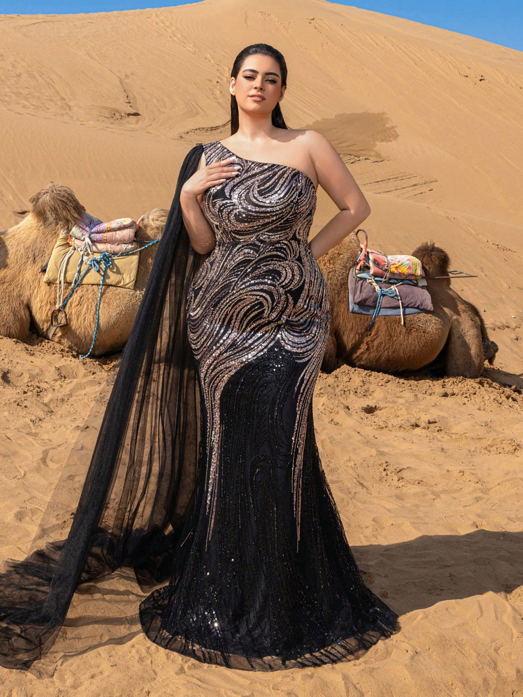 Plus Gorgeous One Shoulder Sheer Cloak Sleeve Graphic Sequin Beaded Formal Dresses & Evening Gowns