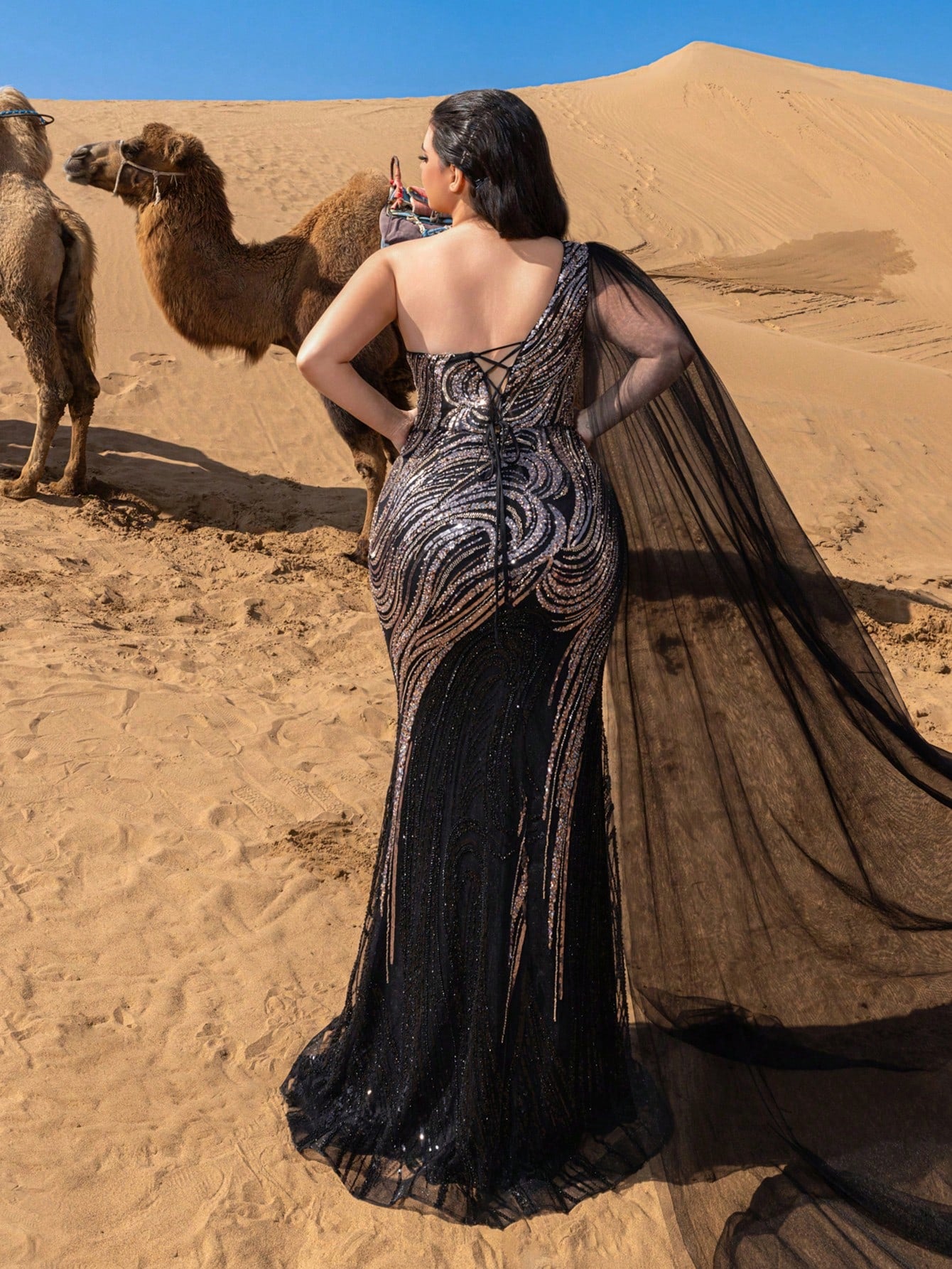 Plus Gorgeous One Shoulder Sheer Cloak Sleeve Graphic Sequin Beaded Formal Dresses & Evening Gowns