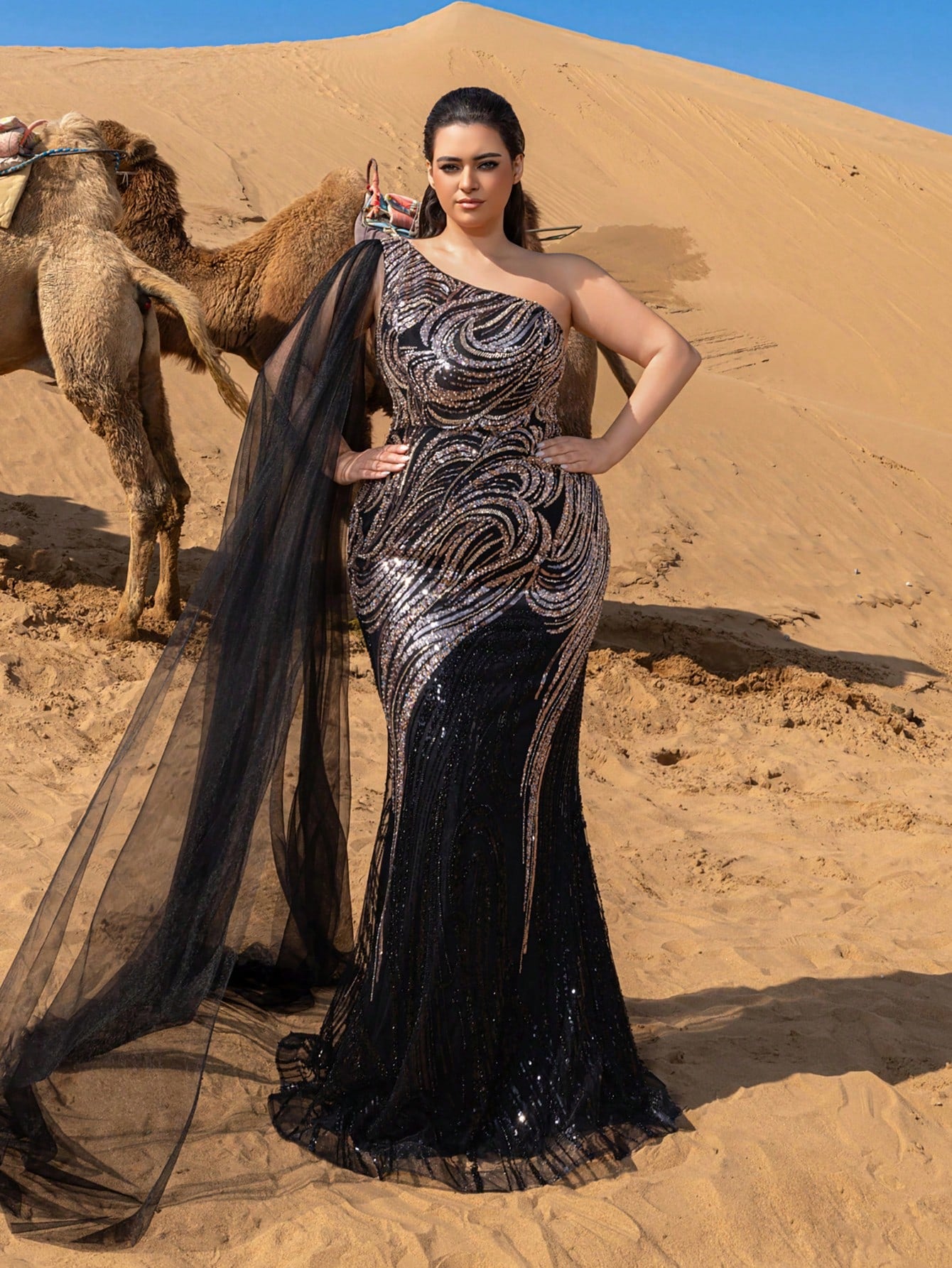 Plus Gorgeous One Shoulder Sheer Cloak Sleeve Graphic Sequin Beaded Formal Dresses & Evening Gowns