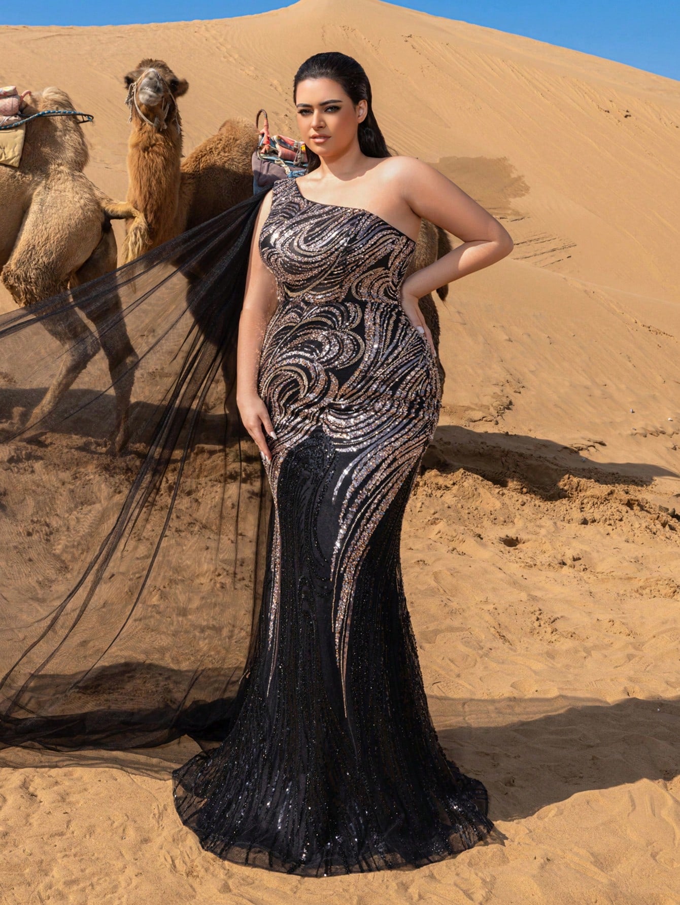 Plus Gorgeous One Shoulder Sheer Cloak Sleeve Graphic Sequin Beaded Formal Dresses & Evening Gowns