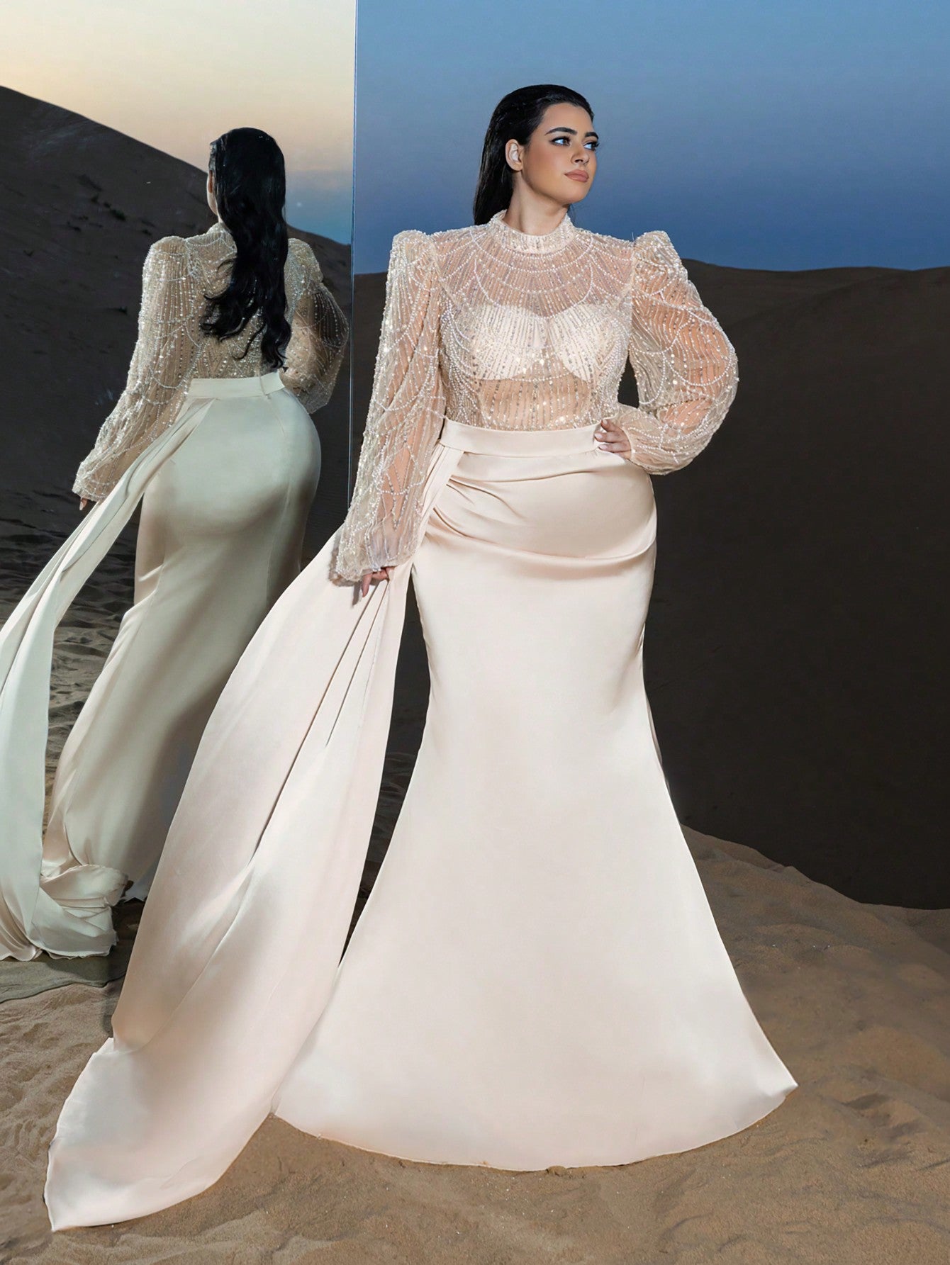 Plus Gorgeous Mock Neck Beaded Bodice Mermaid Hem Formal Dress & Evening Gowns