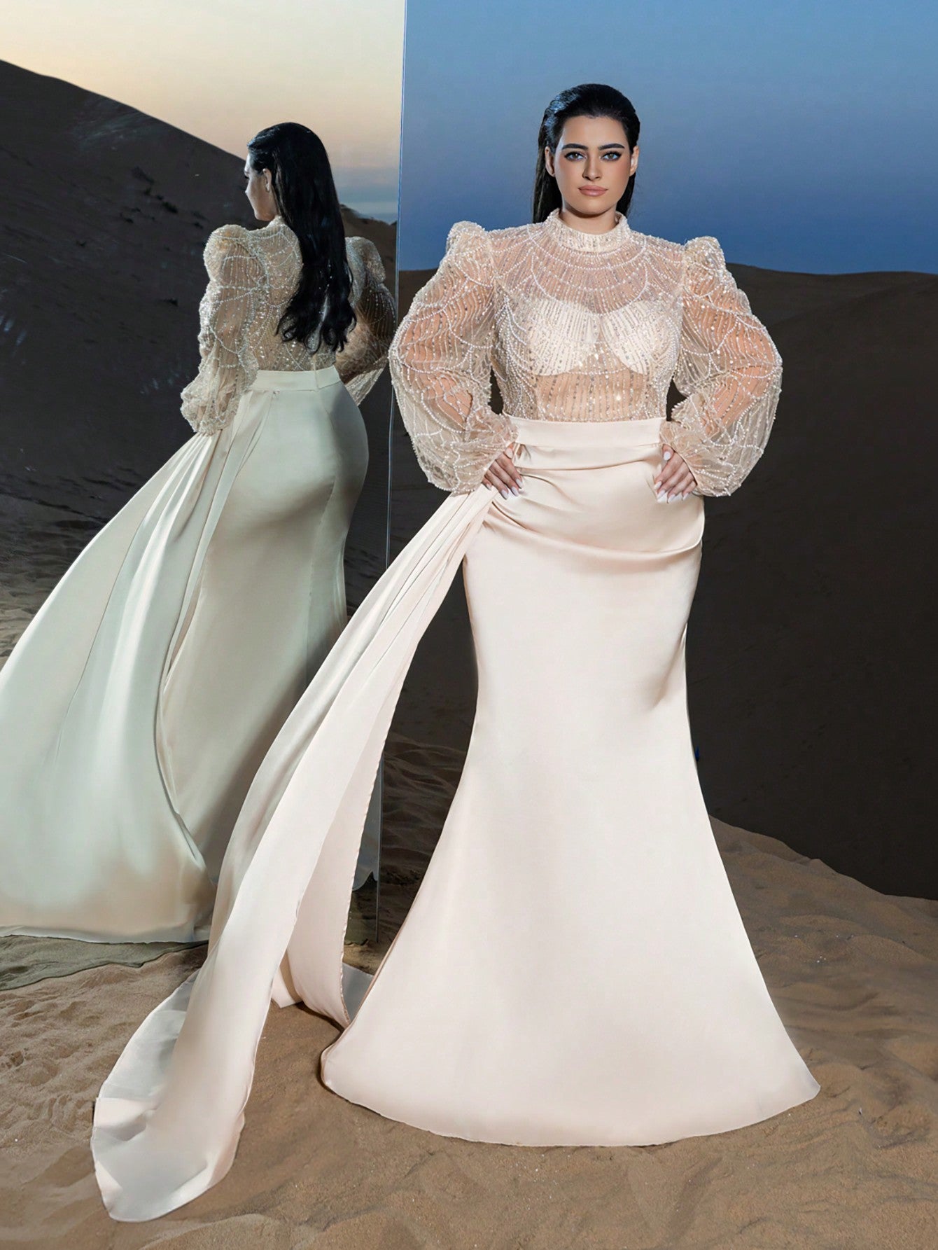 Plus Gorgeous Mock Neck Beaded Bodice Mermaid Hem Formal Dress & Evening Gowns