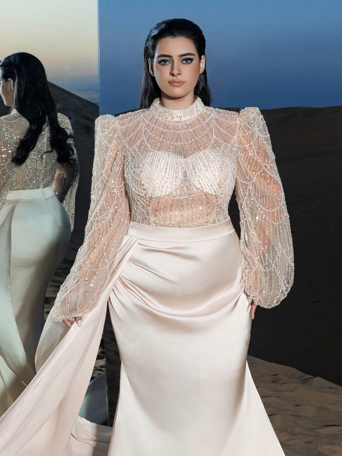 Plus Gorgeous Mock Neck Beaded Bodice Mermaid Hem Formal Dress & Evening Gowns