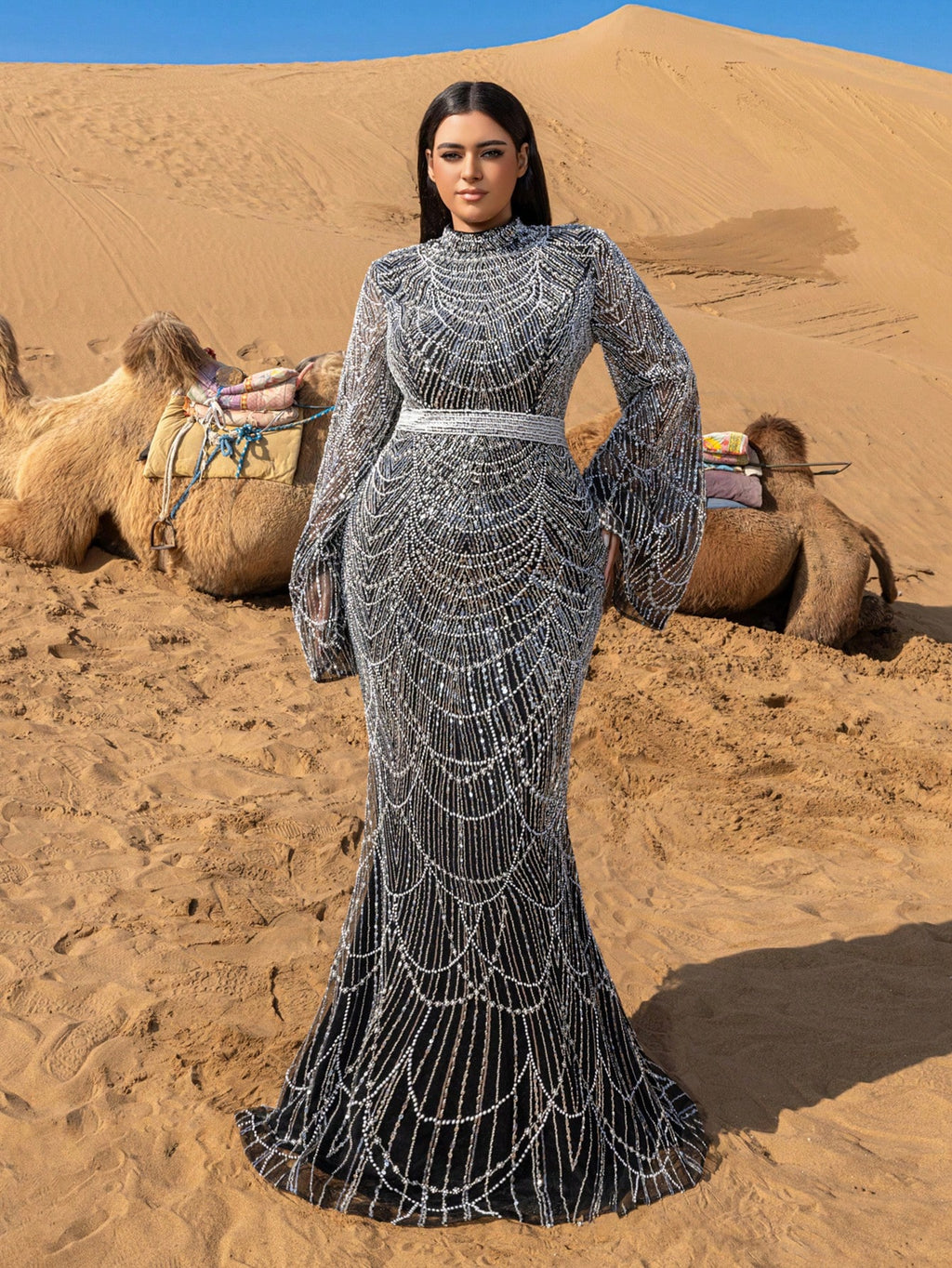 Plus Gorgeous Mock Neck Flared Sleeves Mermaid Hem Beaded Formal Dresses & Evening Gowns