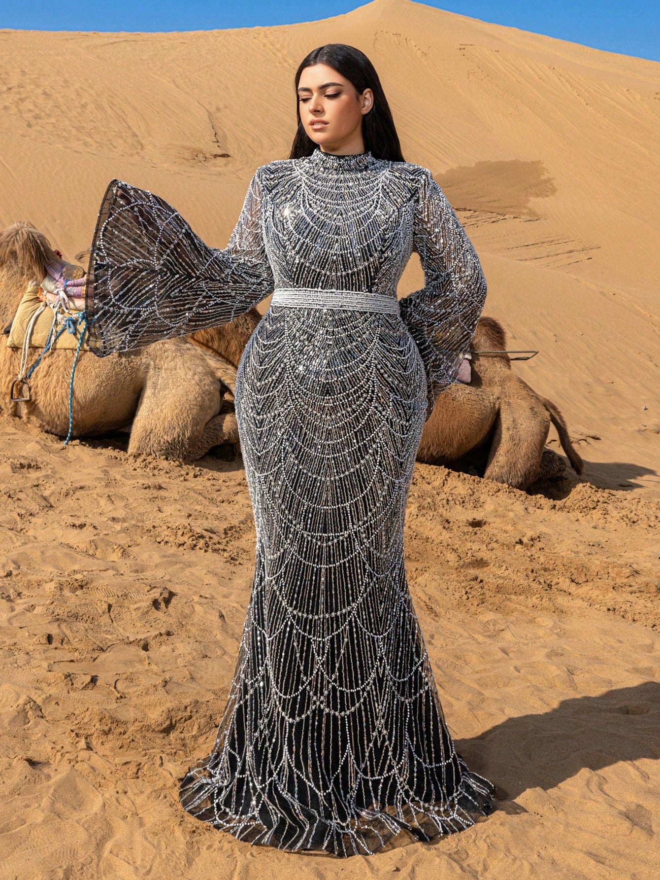 Plus Gorgeous Mock Neck Flared Sleeves Mermaid Hem Beaded Formal Dresses & Evening Gowns