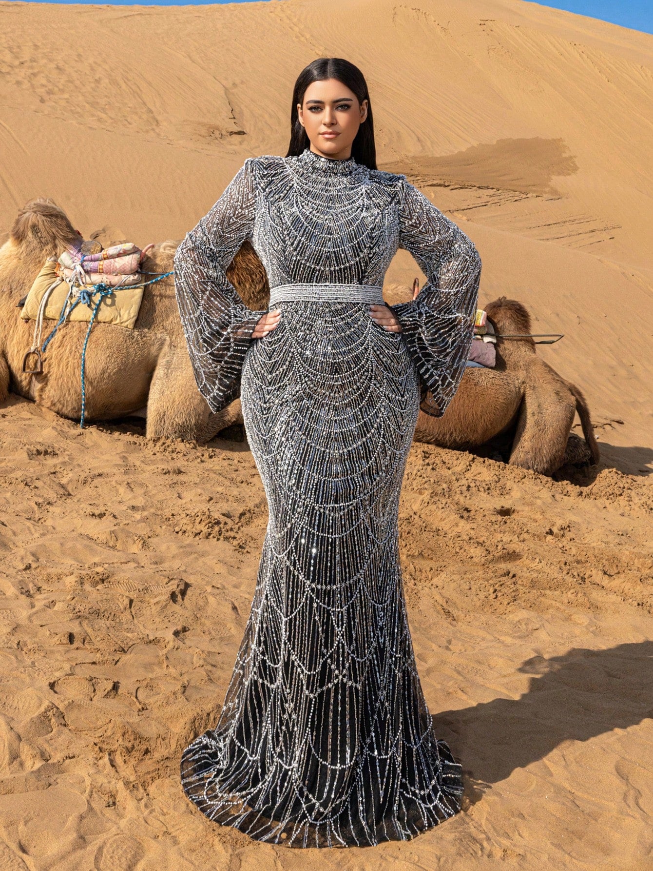 Plus Gorgeous Mock Neck Flared Sleeves Mermaid Hem Beaded Formal Dresses & Evening Gowns